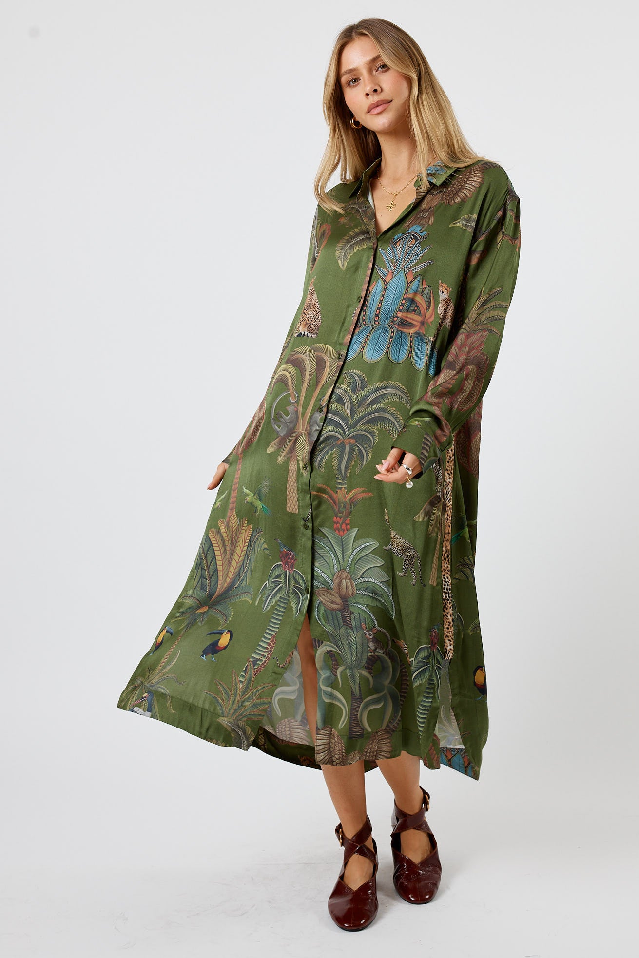 LulaSoul Cheetah Vintage & retro all over jungle print statement bold animal print  soft satin button up Shirt dress women’s fashion evening event dress olive green 