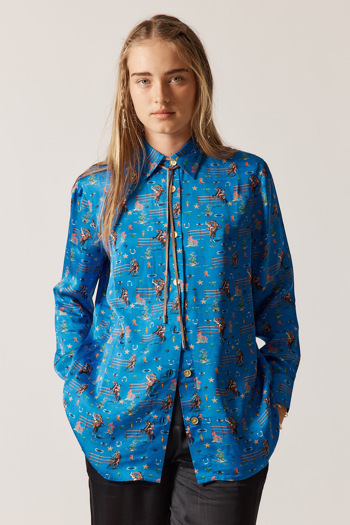 RubyYaya Cowgirl Vintage & retro all over cowboy print statement  bold Animal print with horses soft button up Shirt  women’s fashion collared blouse cobalt blue 