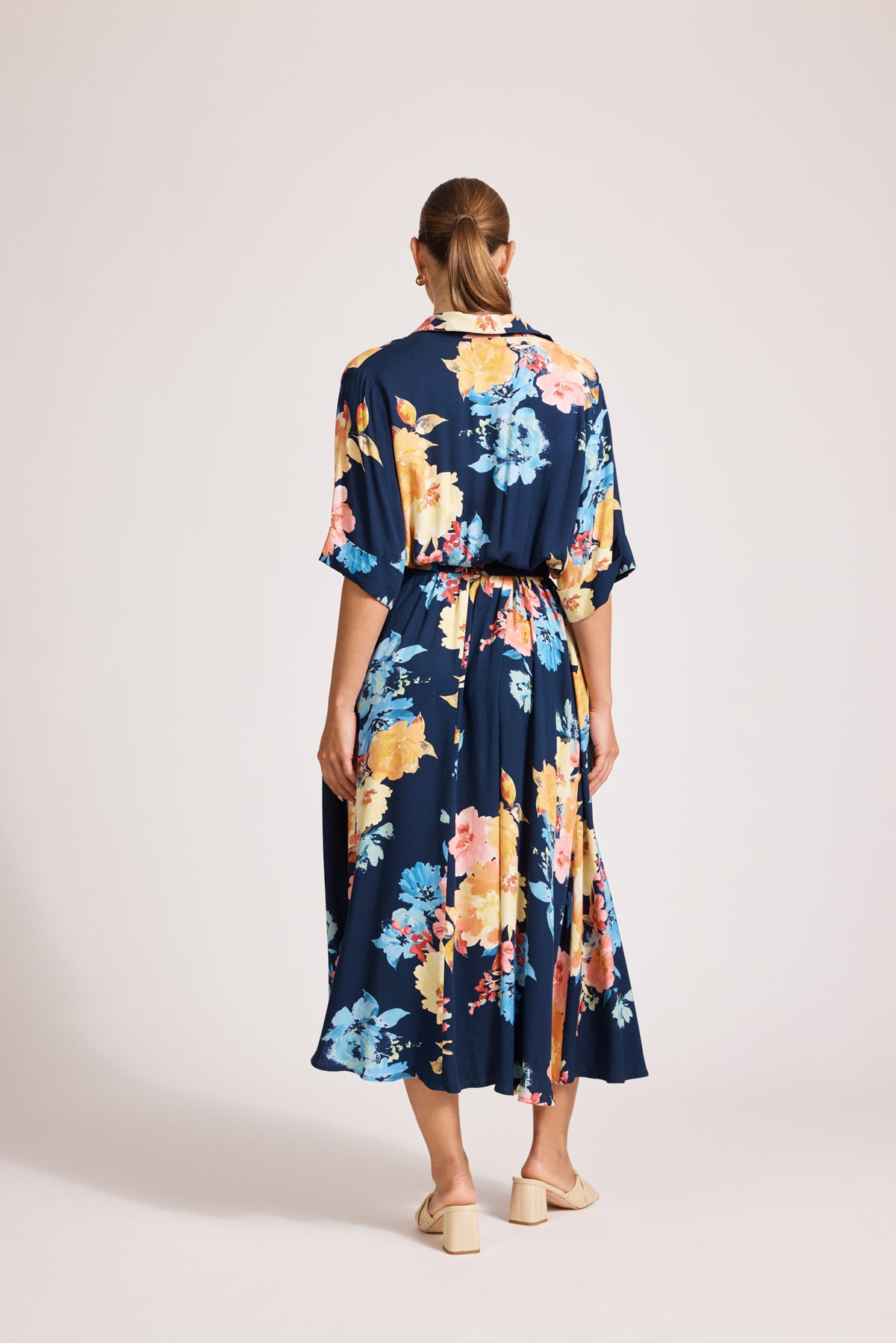 Eb&amp;Ive Parisio Belt Shirt Dress  Short 3/4 sleeve maxi with collar and button front elastic and Belt waist summer work dress swim cover navy spring floral print 