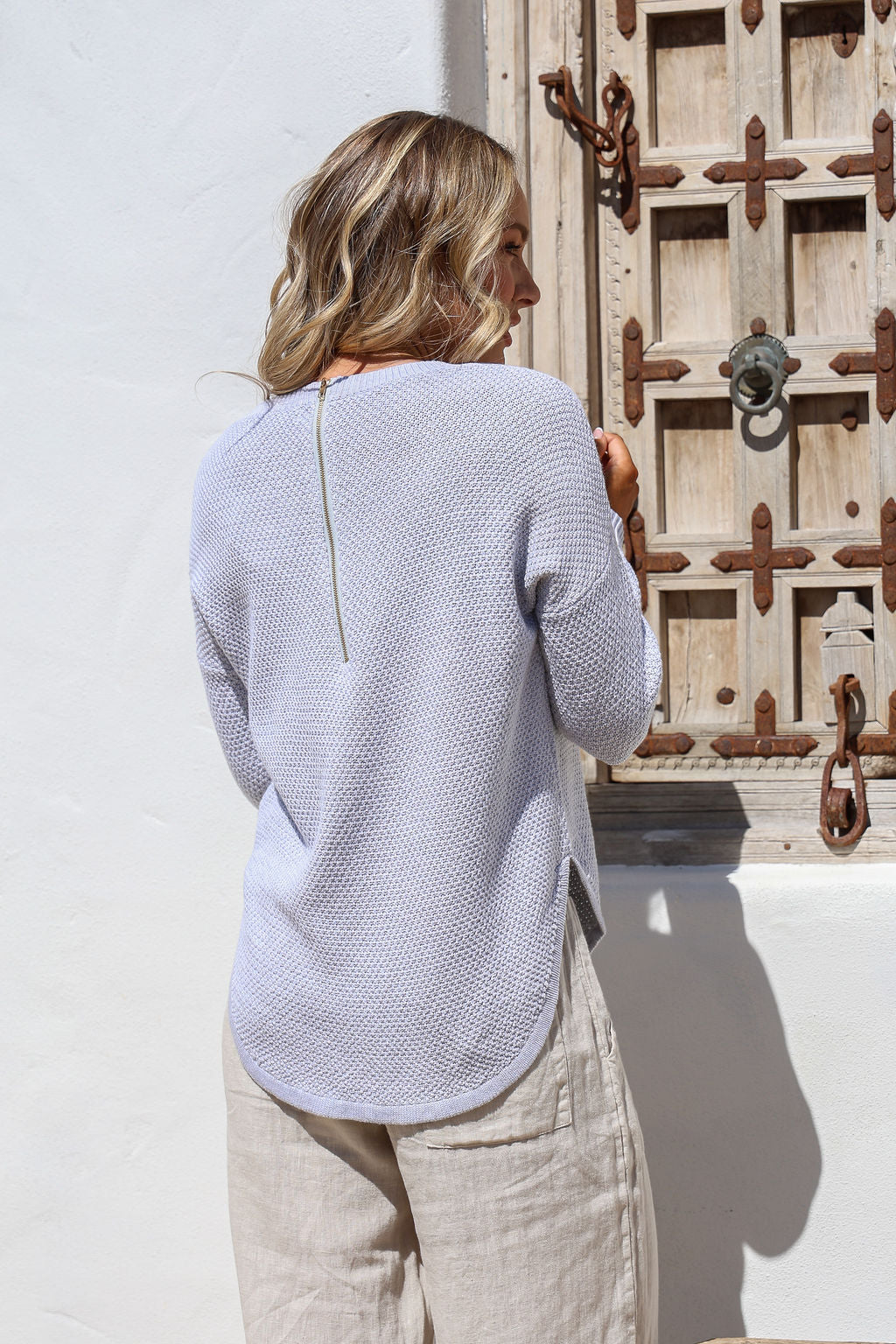 Zip Back Cotton Knit Jumper - Soft Grey