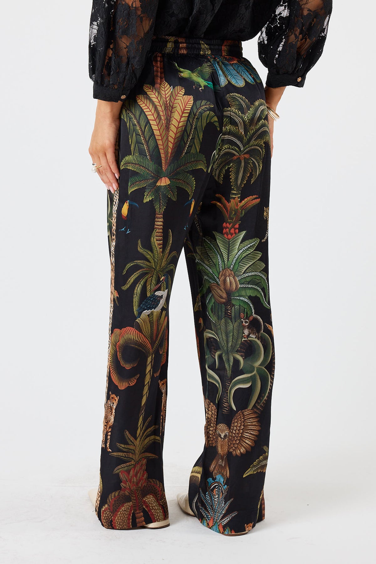 LulaSoul cheetah Vintage & retro all over jungle print statement bold Animal print with palms soft satin straight leg pant  Side stripe  women’s fashion matching set coordinates two piece black