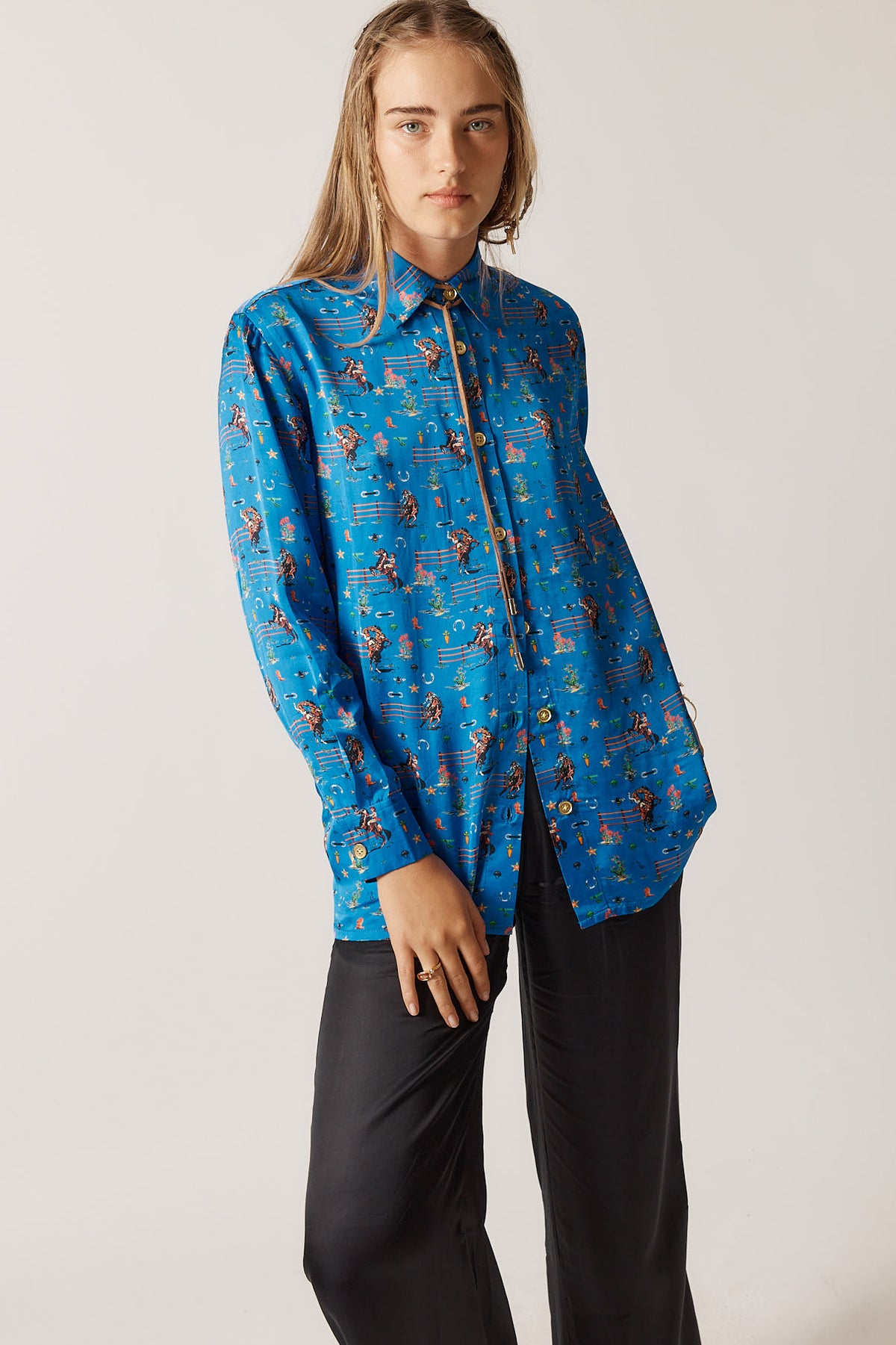 RubyYaya Cowgirl Vintage & retro all over cowboy print statement  bold Animal print with horses soft button up Shirt  women’s fashion collared blouse cobalt blue 