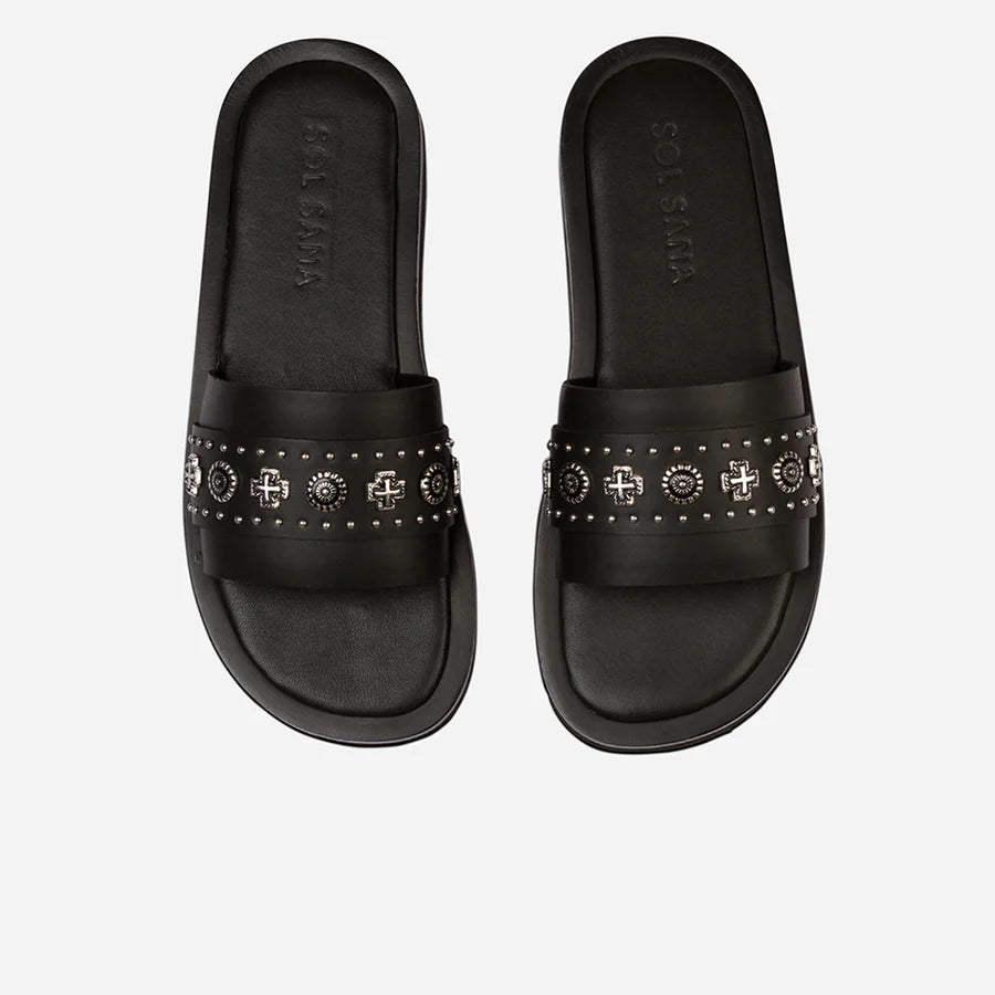 Sol Sana Cleo stud Slide Black silver leather shoe with metal stud footbed western country shoe
