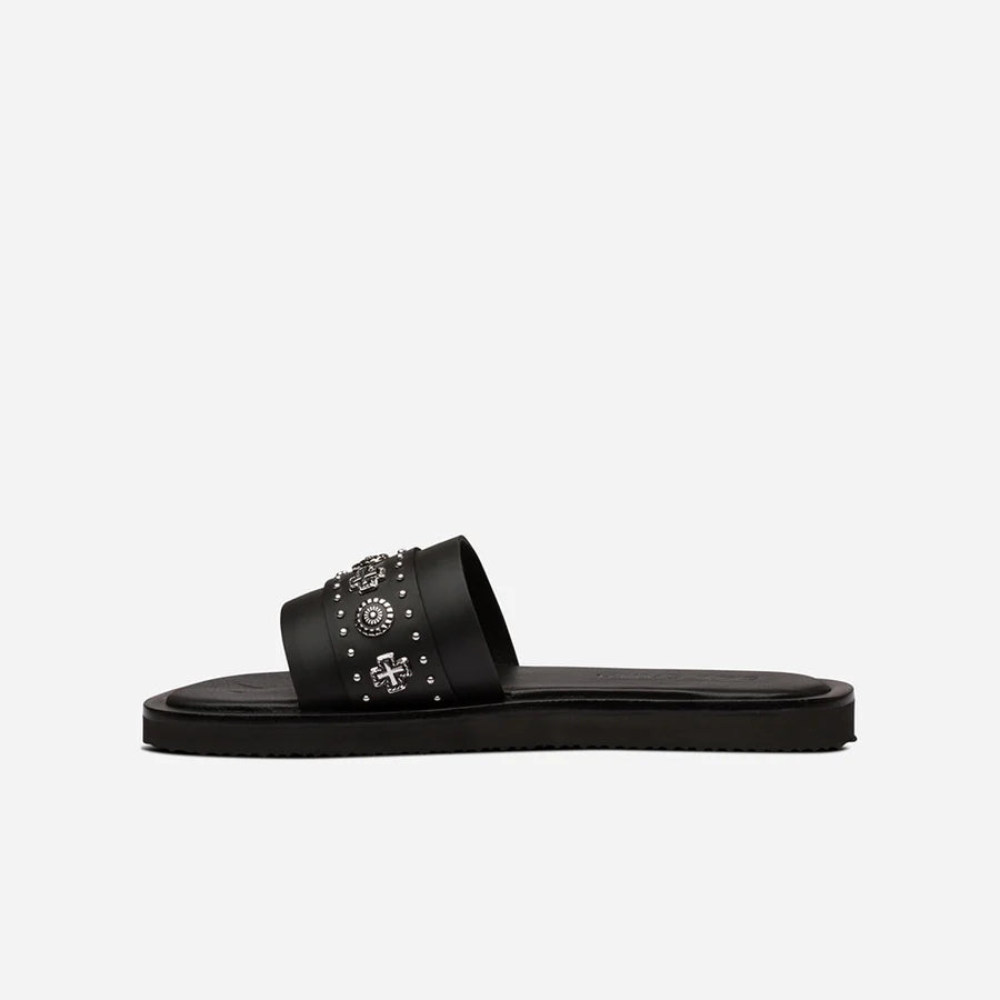 Sol Sana Cleo stud Slide Black silver leather shoe with metal stud footbed western country shoe