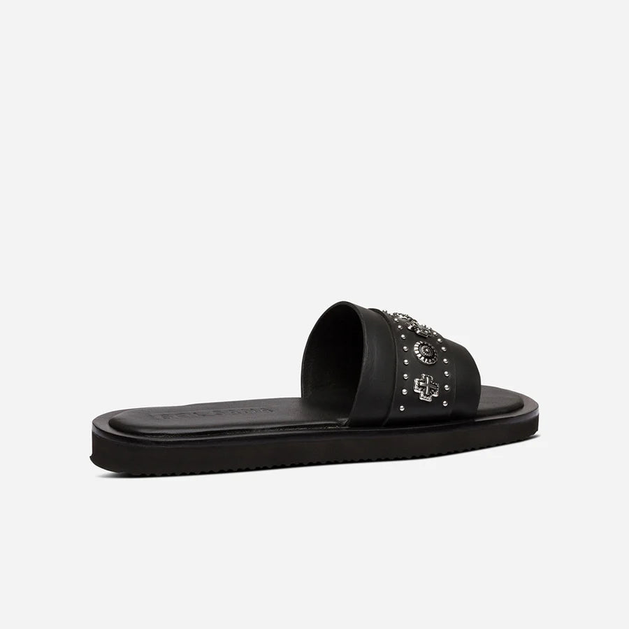 Sol Sana Cleo stud Slide Black silver leather shoe with metal stud footbed western country shoe