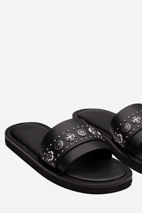 Sol Sana Cleo stud Slide Black silver leather shoe with metal stud footbed western country shoe