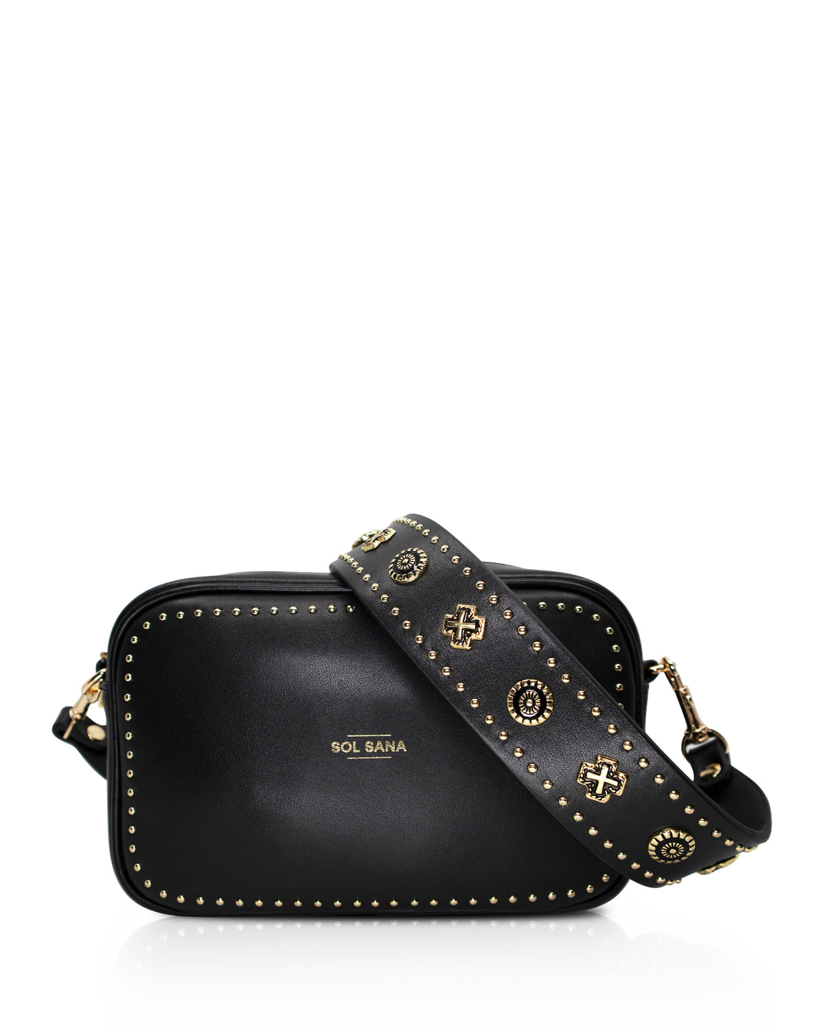 Sol Sana  Camera Bag with studded western country rock studded strap Black Gold