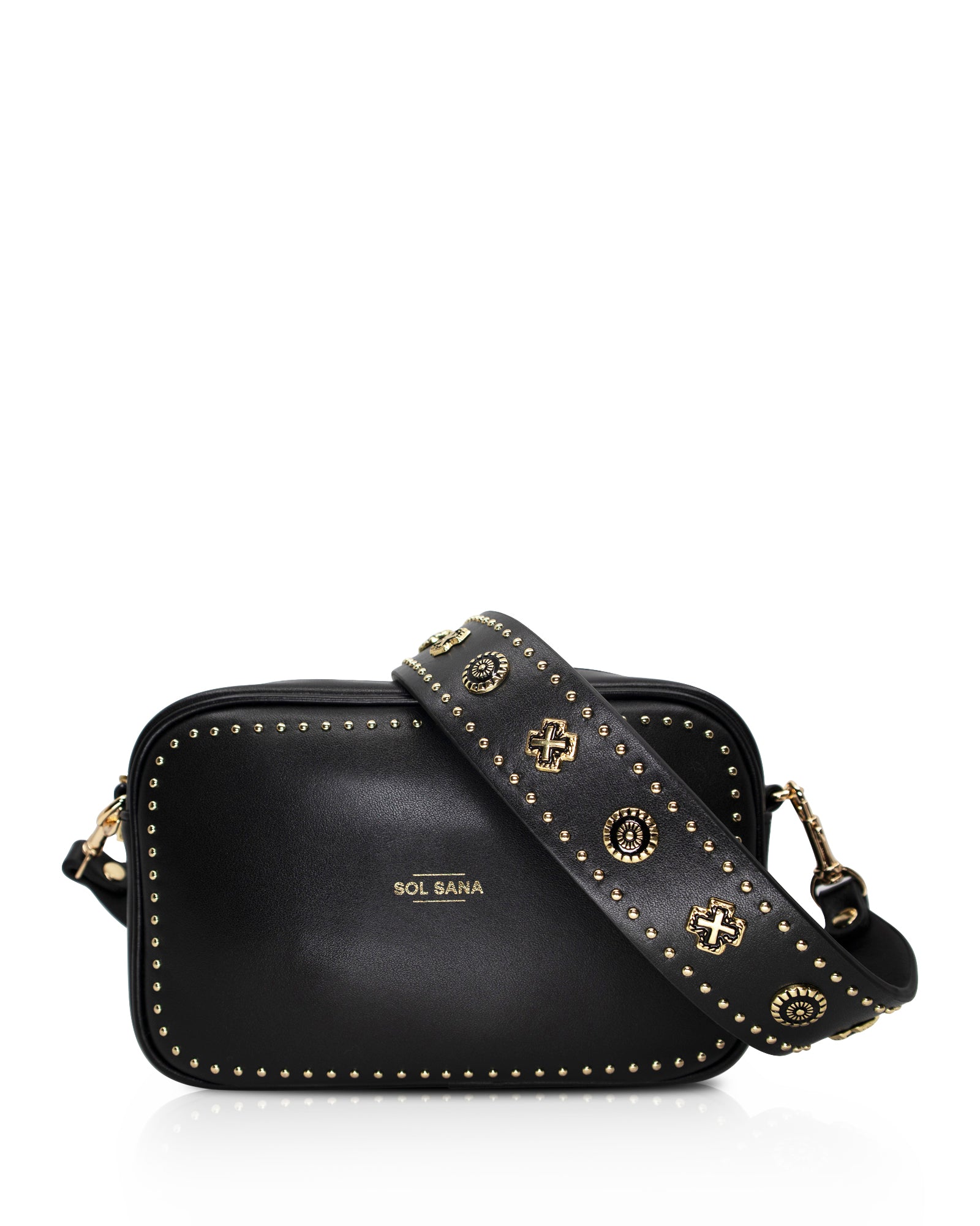Sol Sana  Camera Bag with studded western country rock studded strap Black Gold