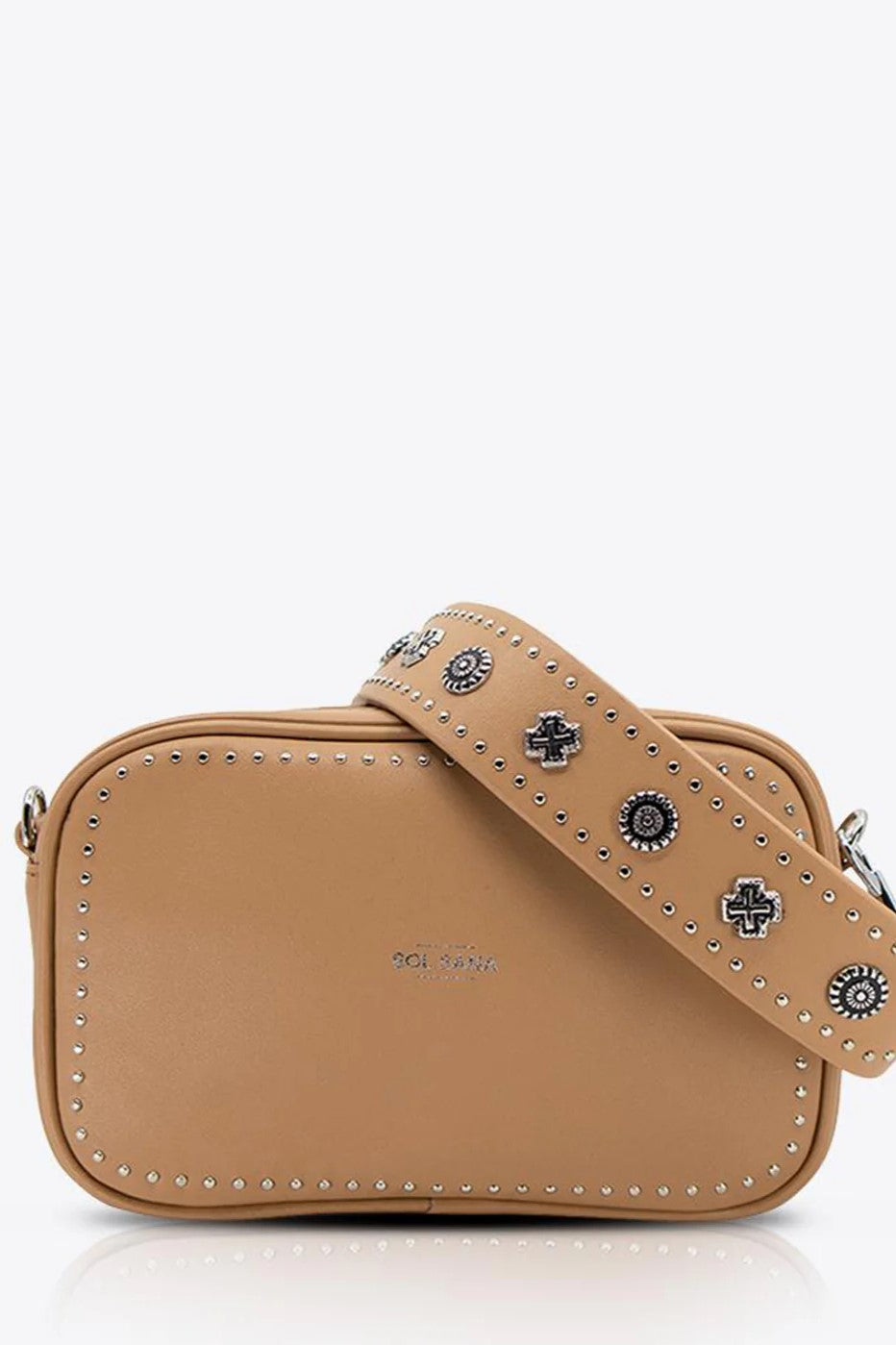 Sol Sana  Camera Bag with studded western country rock studded strap Tan Silver 