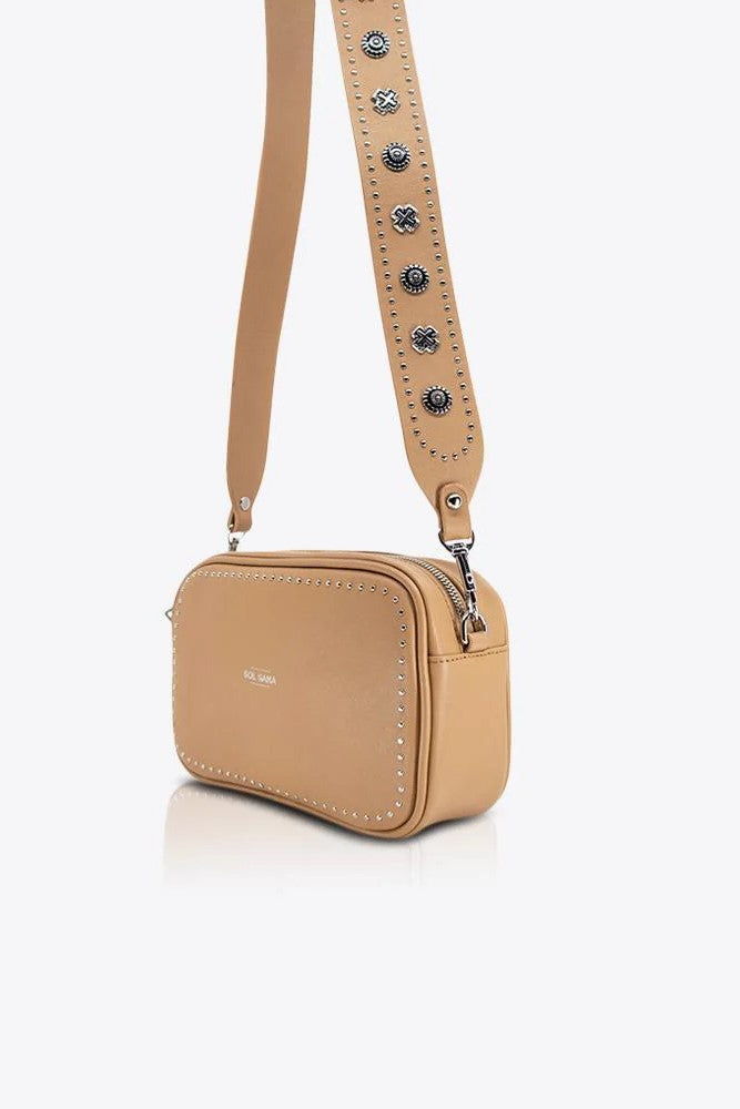 Sol Sana  Camera Bag with studded western country rock studded strap Tan Silver 