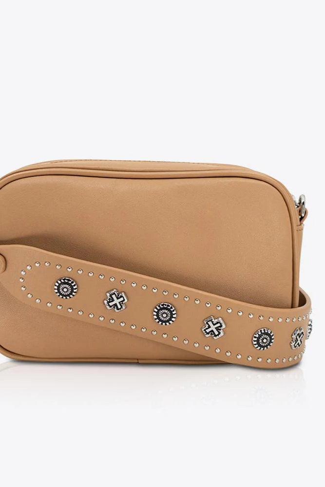 Sol Sana  Camera Bag with studded western country rock studded strap Tan Silver