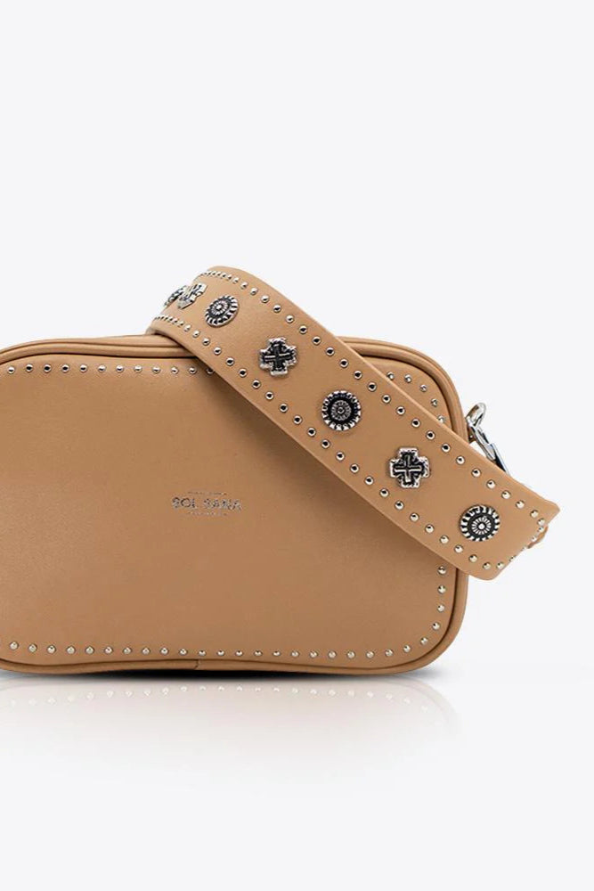 Sol Sana  Camera Bag with studded western country rock studded strap Tan Silver