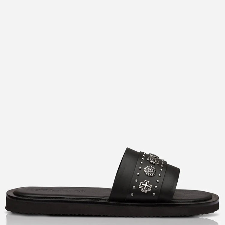 Sol Sana Cleo stud Slide Black silver leather shoe with metal stud footbed western country shoe
