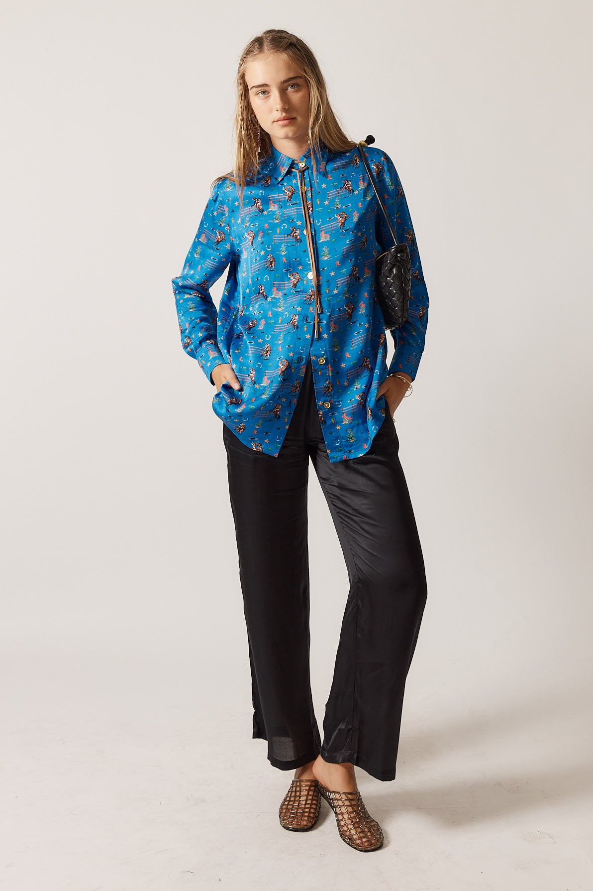 RubyYaya Cowgirl Vintage & retro all over cowboy print statement  bold Animal print with horses soft button up Shirt  women’s fashion collared blouse cobalt blue 