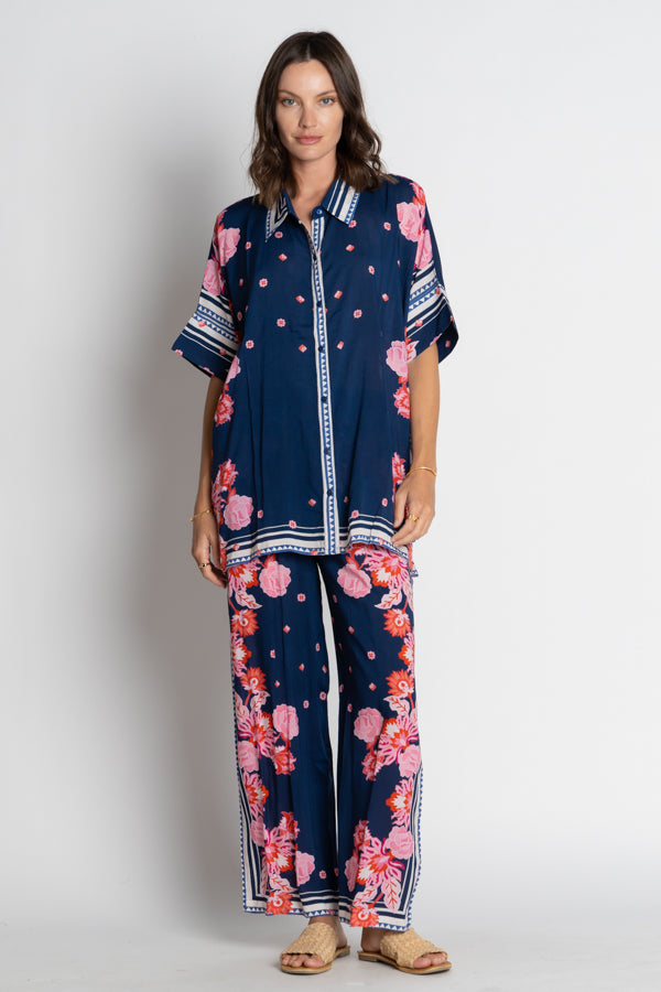 Lula Soul Ladera Navy and pink floral Collared short sleeve shirt button up summer holiday resort set