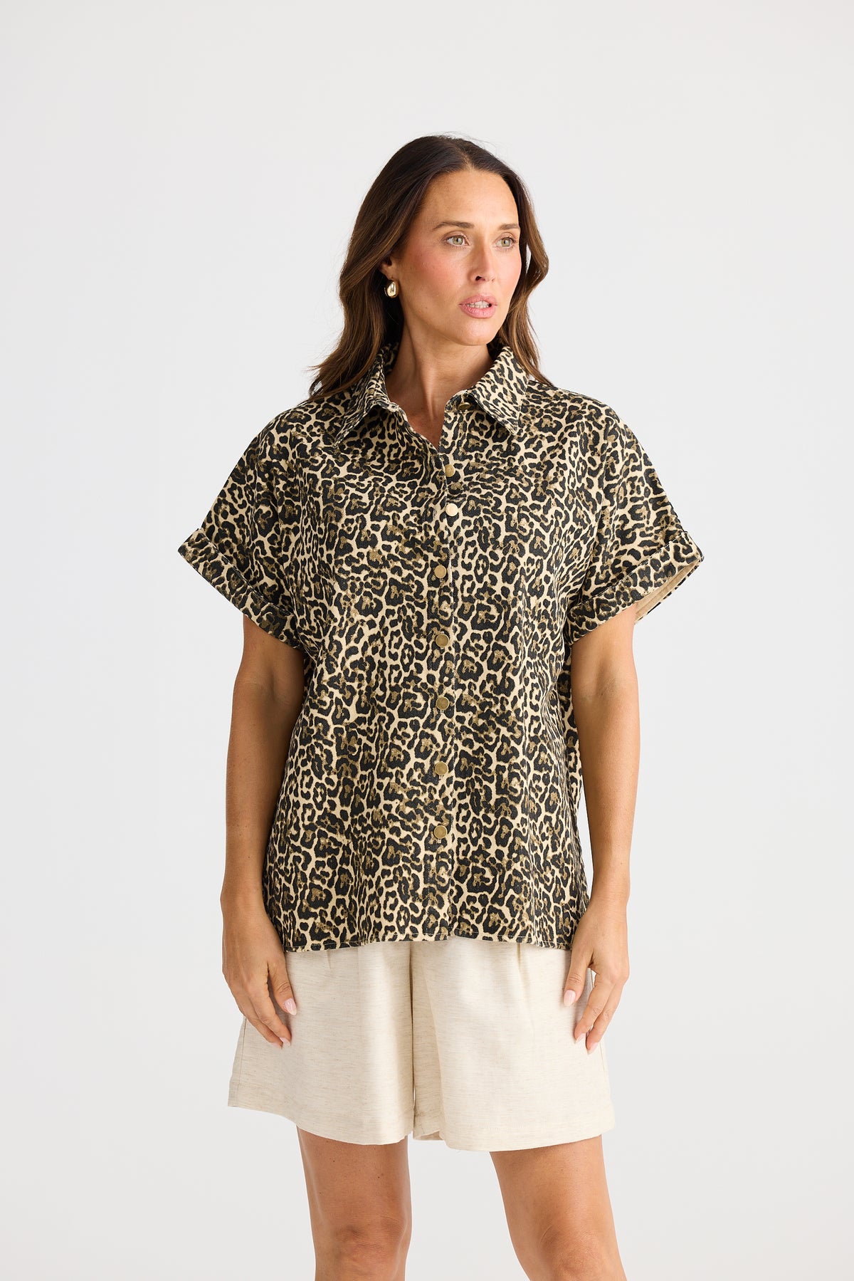 Brave + True Leroy Shirt  Beige Leopard Denim Short Shirt Top