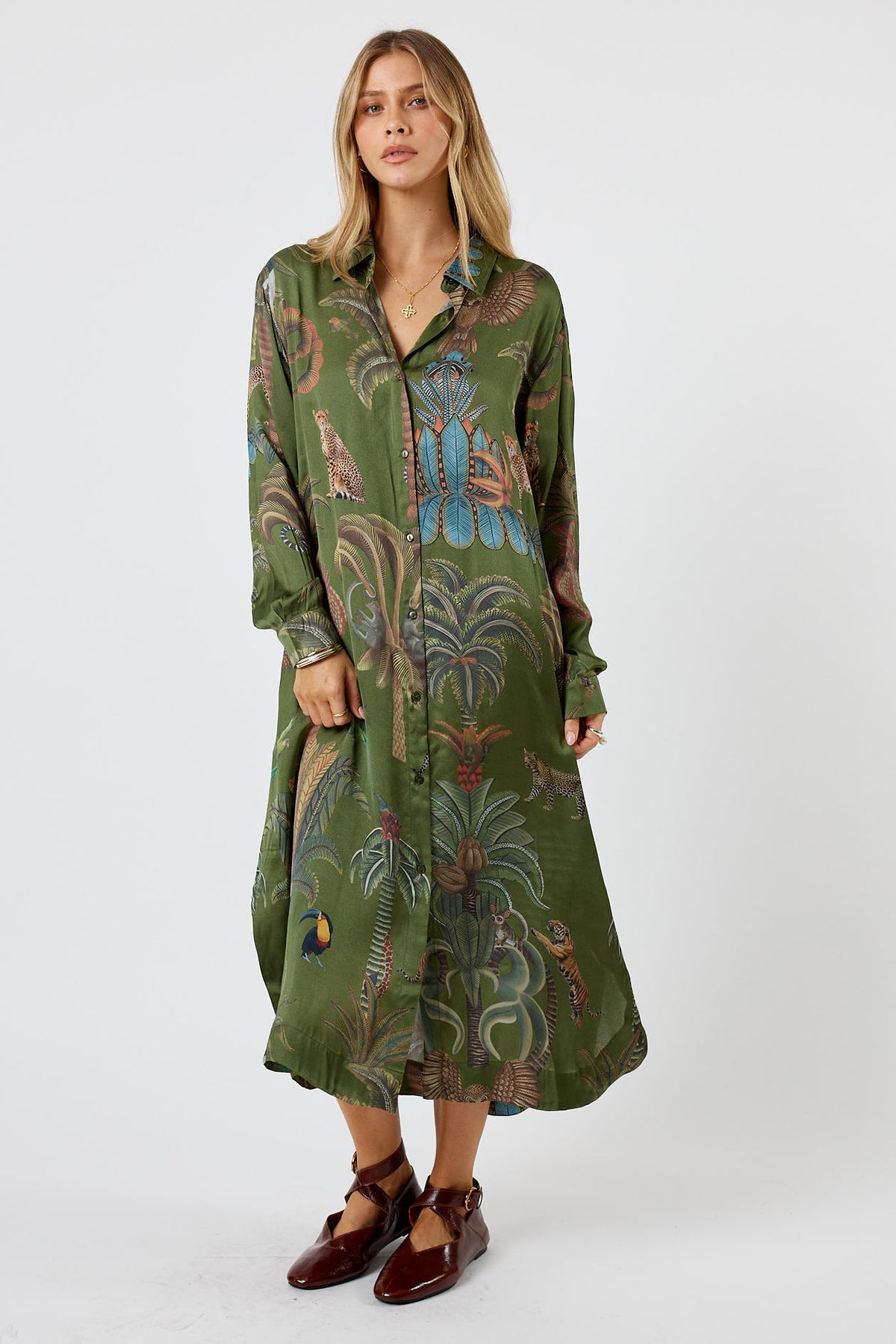 LulaSoul Cheetah Vintage & retro all over jungle print statement bold animal print  soft satin button up Shirt dress women’s fashion evening event dress olive green 