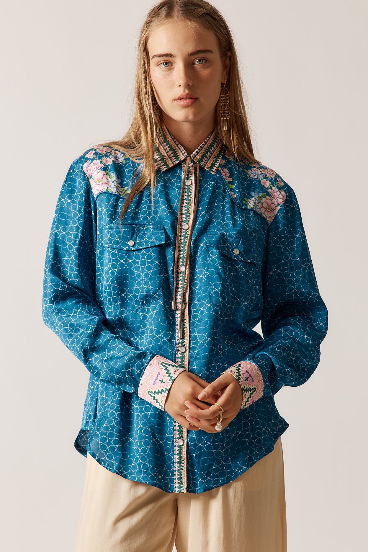 RubyYaya Daisy Vintage & retro all over print statement  bold cowgirl print soft button up Shirt  women’s fashion collared country blouse blue with bright colour florals