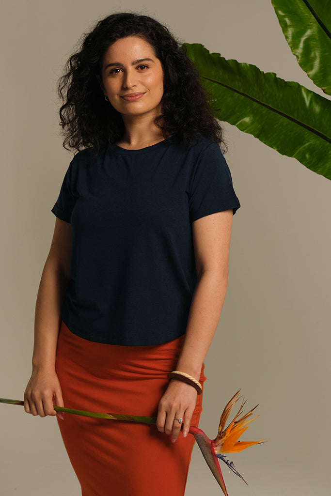 Bamboo Body Shorter Bamboo Cotton Tee  - Dark Navy Blue Classic T-shirt Basic Crew Neck short Sleeve