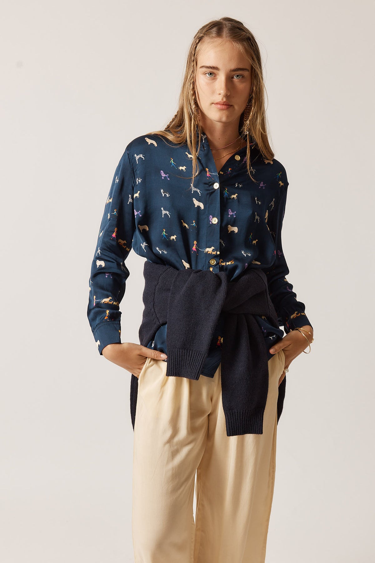 RubyYaya puppy love  Vintage & retro all over exclusive print statement  bold Animal print with dogs soft button up Shirt  women’s fashion collared blouse Navy work wear