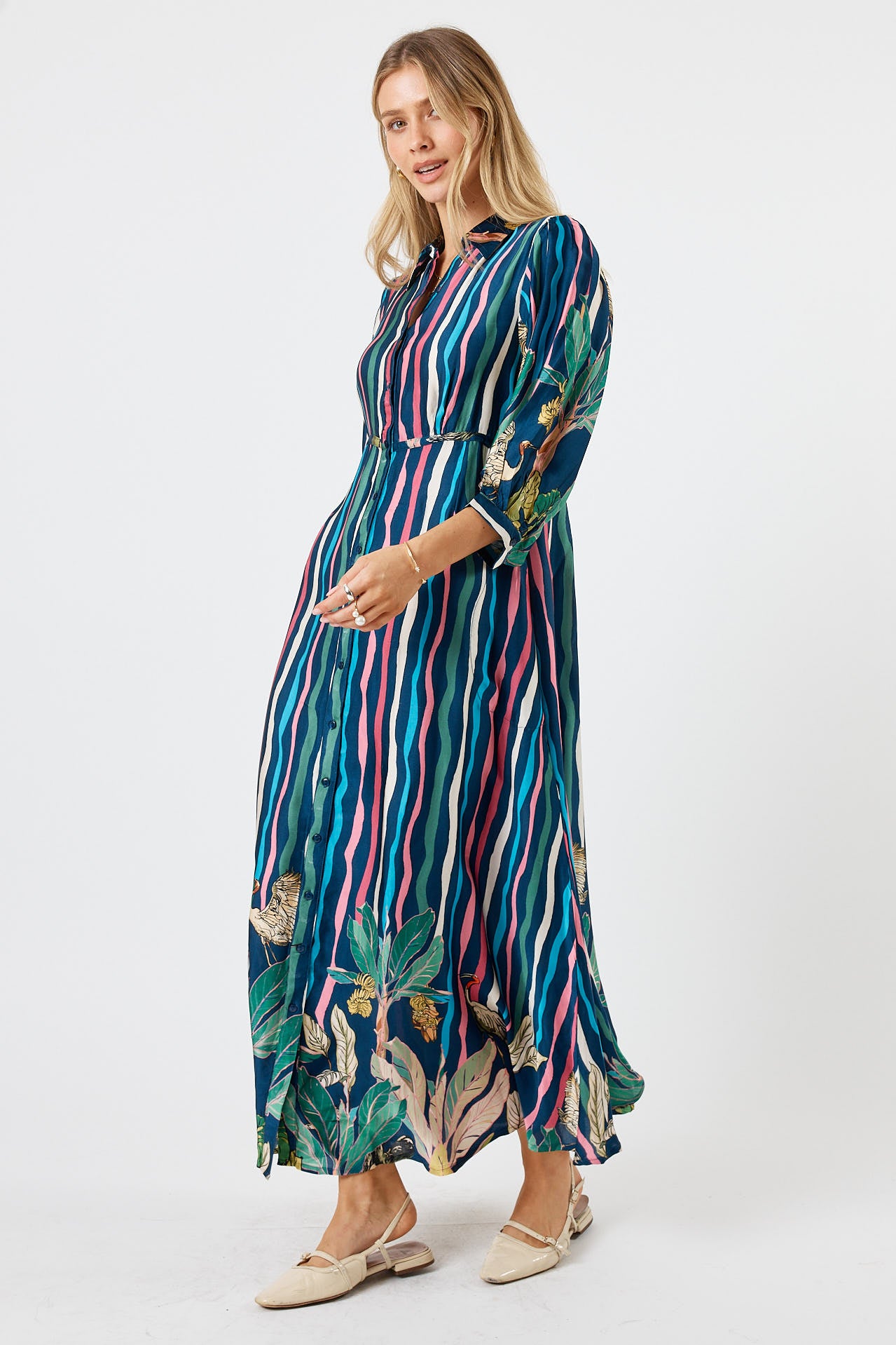 LulaSoul Cambridge Vintage & retro all over jungle stripe print statement bold bird print  soft satin button up Shirt dress women’s fashion evening event dress work dress blue long sleeve 