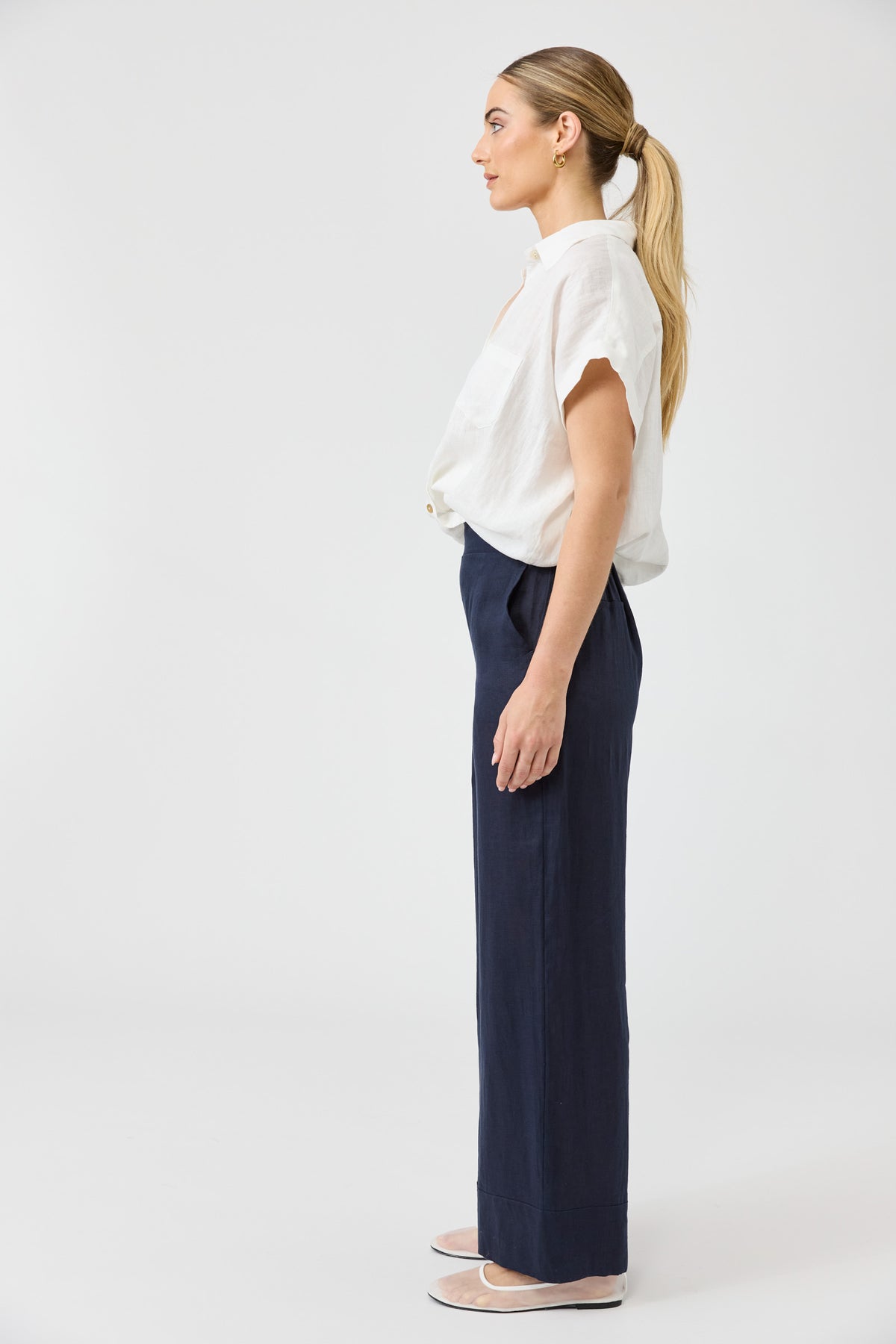 Eb&amp;Ive Studio Linen Long Straight Wide Pant  Navy Work Pant