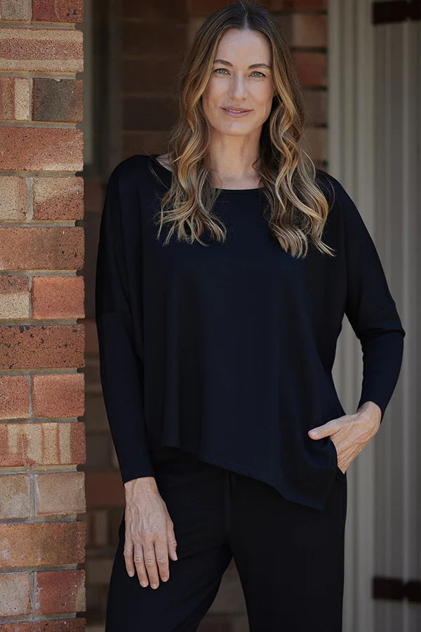 Terry Relaxed Boatneck Top - Black