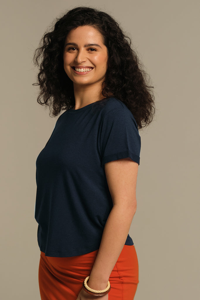 Bamboo Body Shorter Bamboo Cotton Tee  - Dark Navy Blue Classic T-shirt Basic Crew Neck short Sleeve