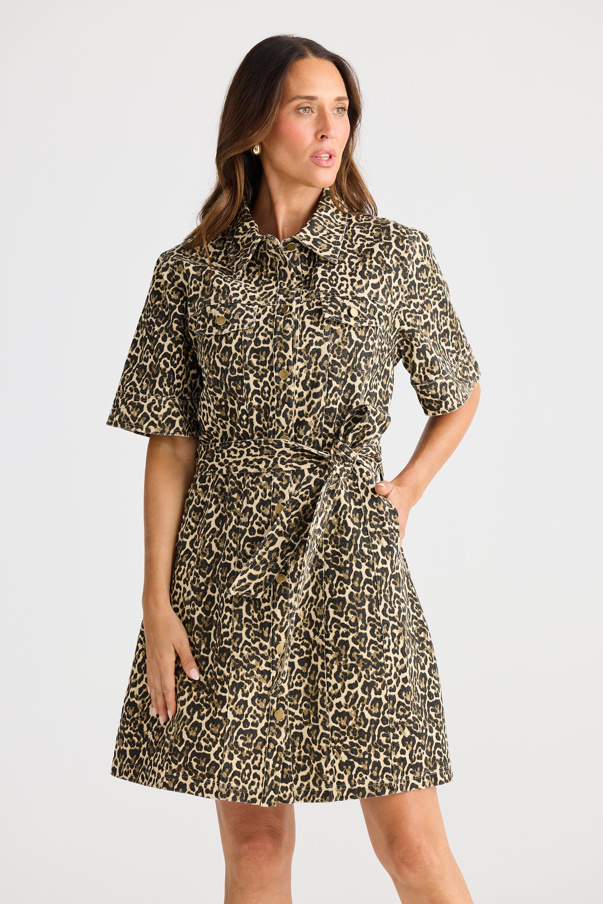 Brave + True Leroy Dress  Beige Leopard Denim Short Shirt Dress