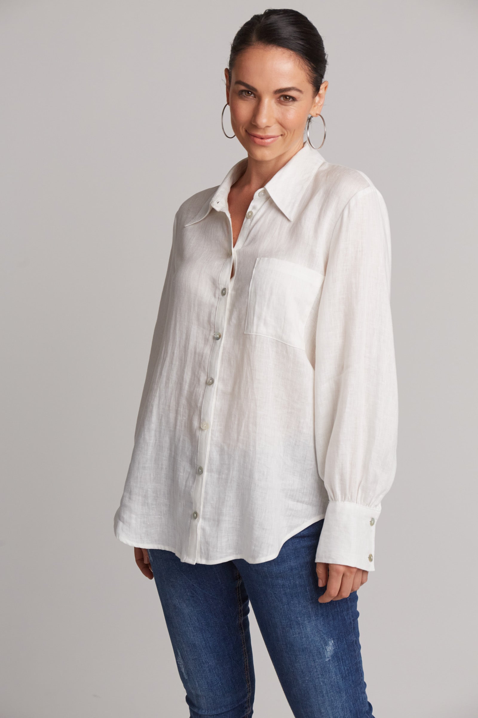 Eb&Ive Studio Linen Button Front Shirt  Top Collar Work Shirt Long Sleeve