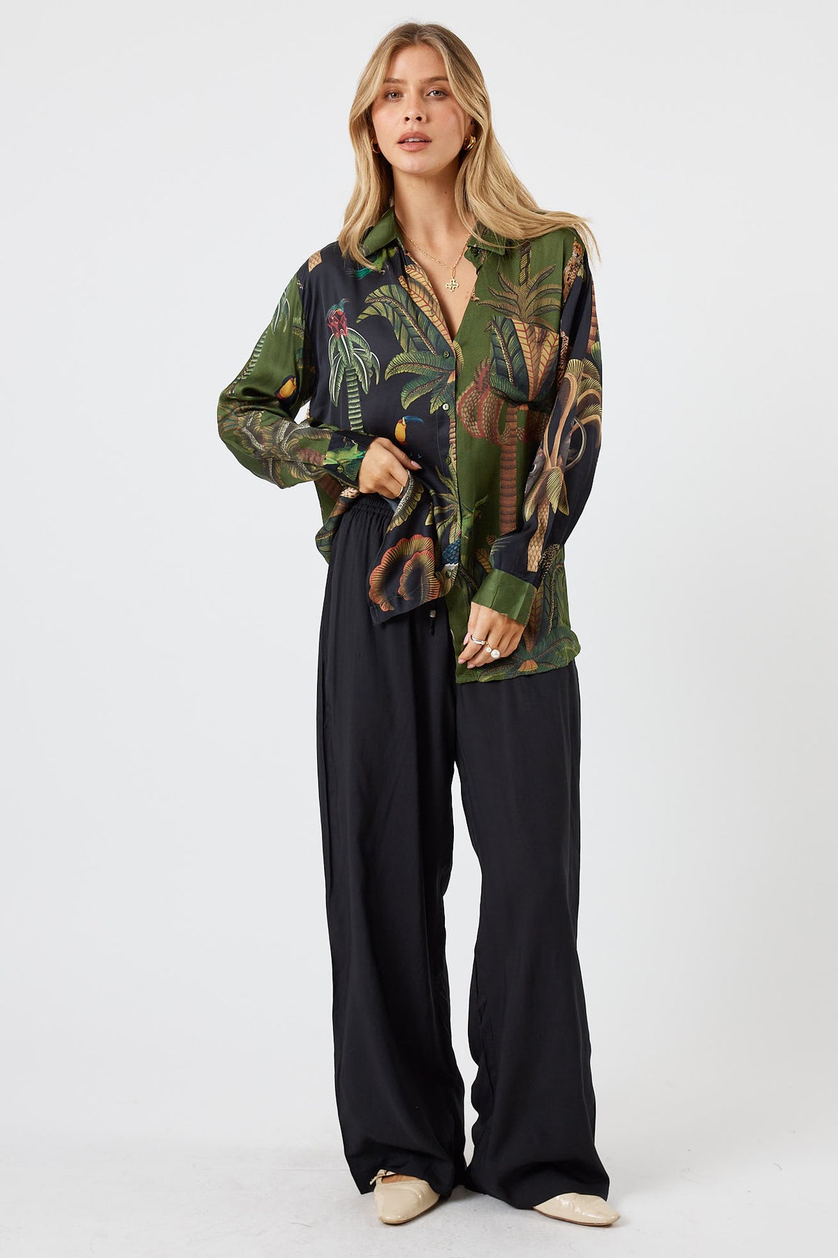 LulaSoul cheetah Vintage & retro all over jungle print statement bold Animal print with palms soft satin button up Shirt  women’s fashion collared matching set coordinates two piece