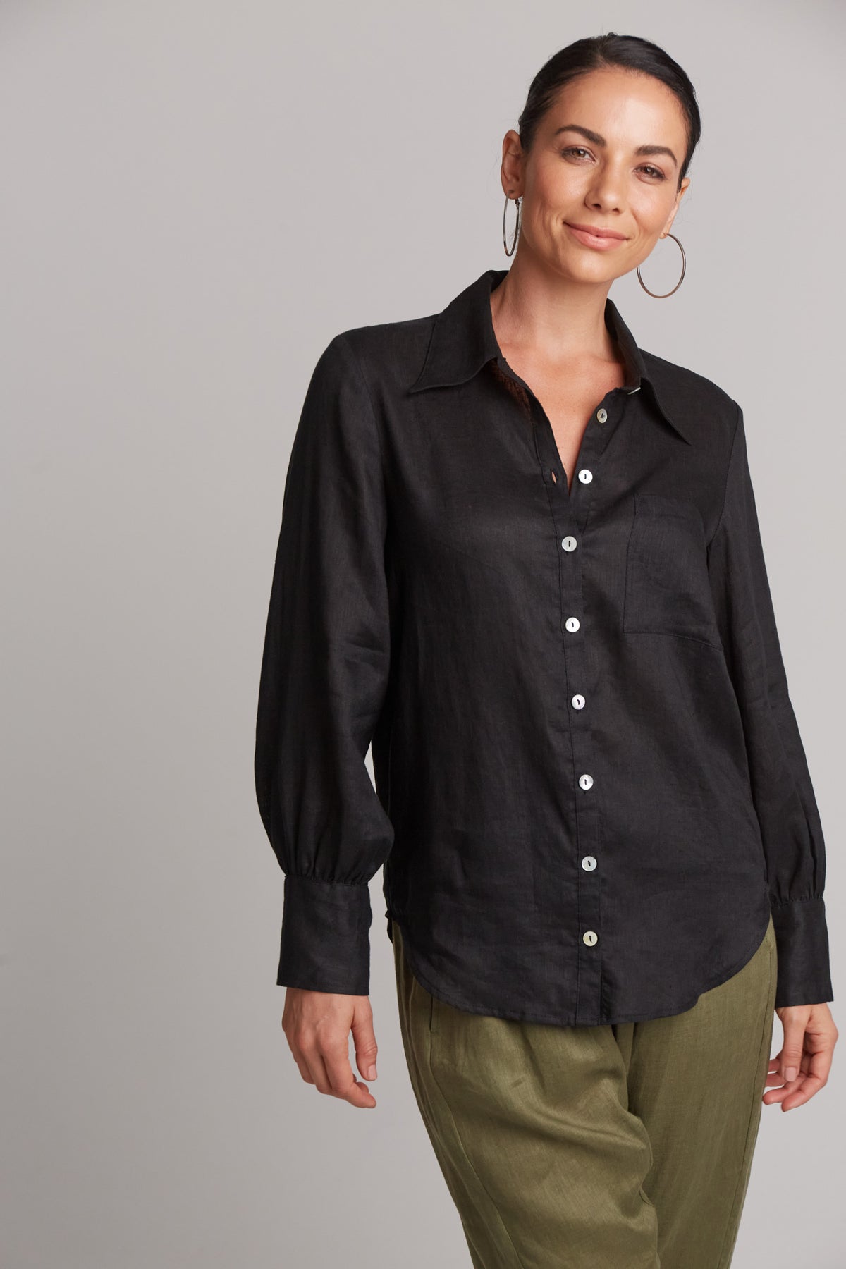 Eb&amp;Ive Studio Linen Button Front Shirt  Top Collar Work Shirt Long Sleeve Black