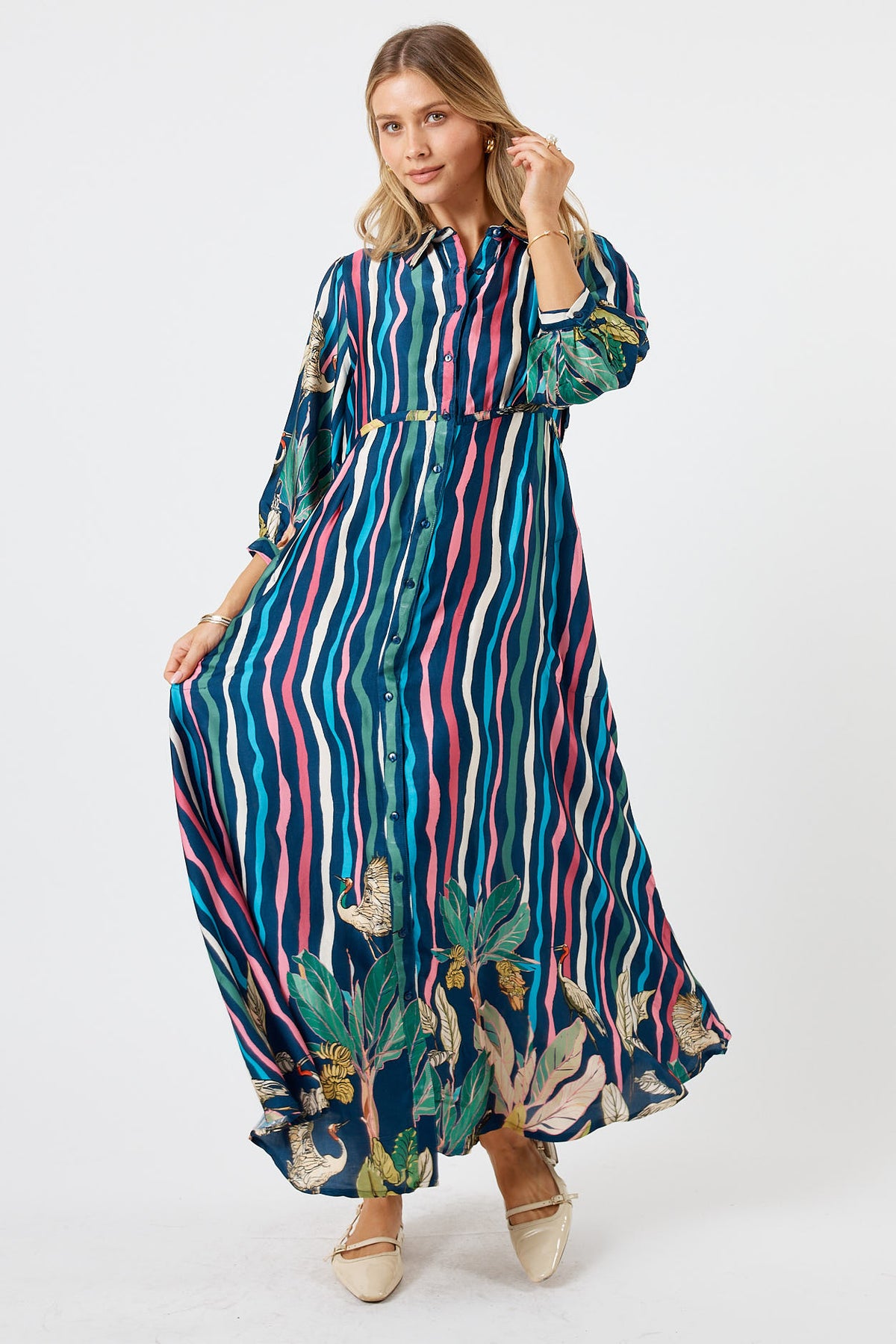 LulaSoul Cambridge Vintage & retro all over jungle stripe print statement bold bird print  soft satin button up Shirt dress women’s fashion evening event dress work dress blue long sleeve 