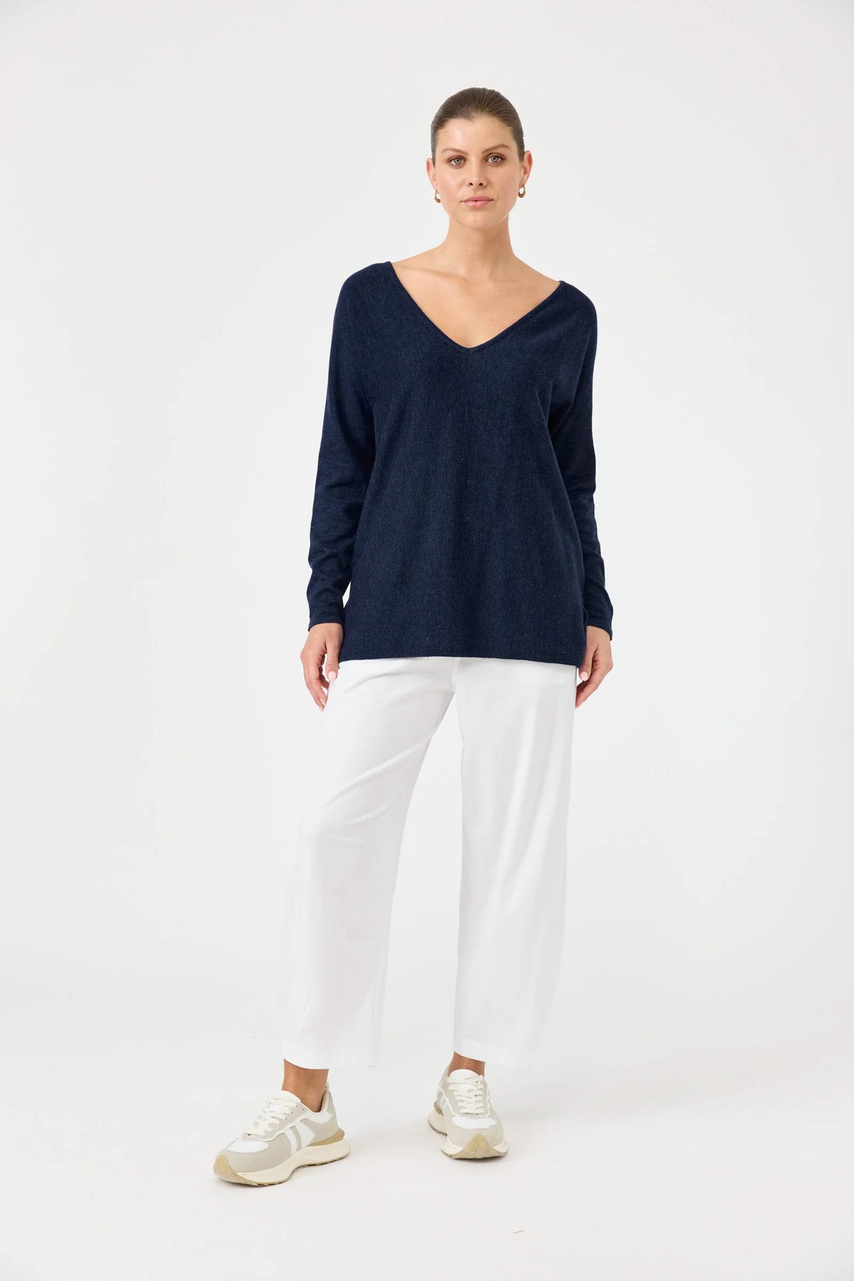 Eb&amp;Ive Studio Cotton V-neck Knit Jumper Navy Blue Light weight Autumn Spring Knit