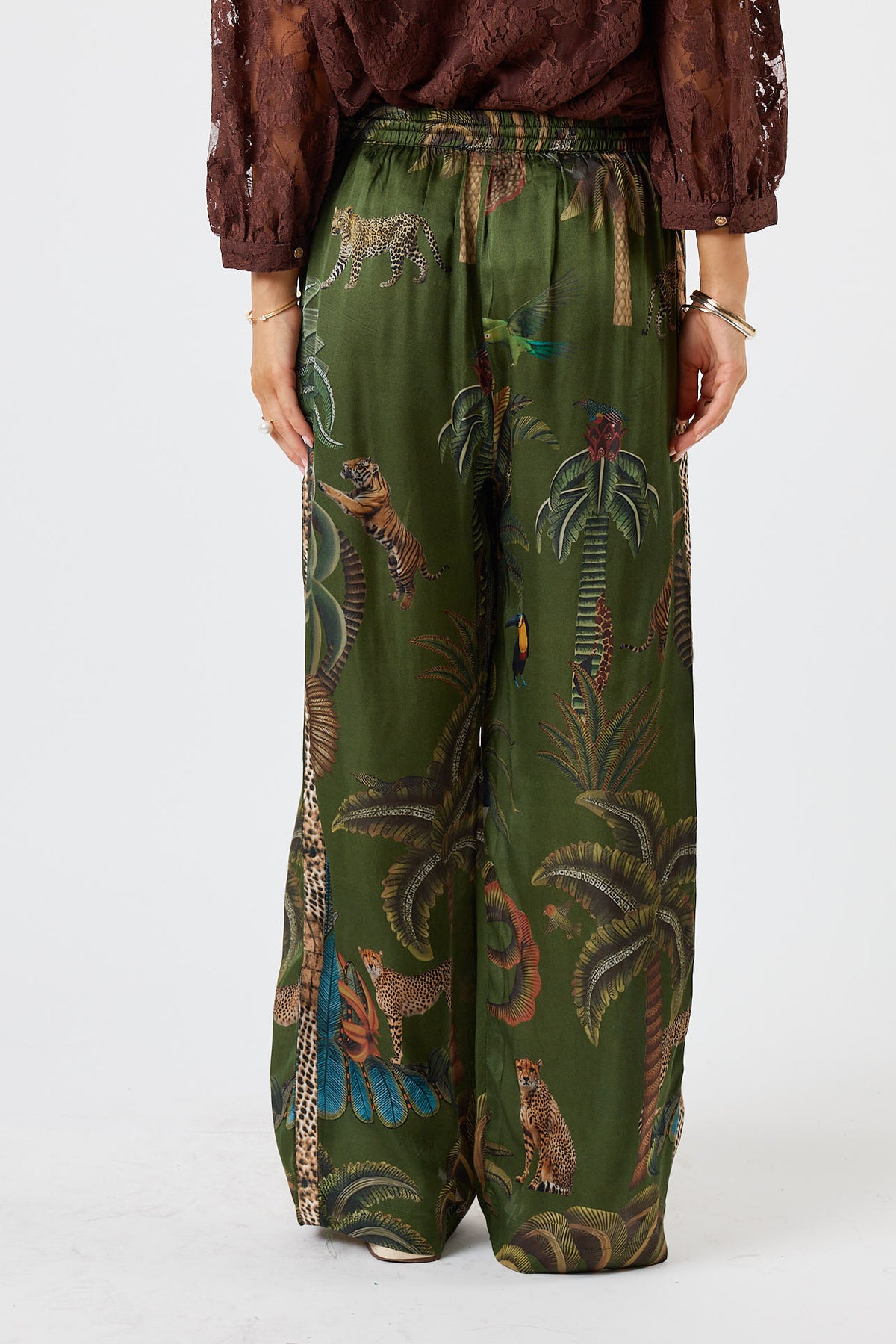 LulaSoul cheetah Vintage & retro all over jungle print statement bold Animal print with palms soft satin straight leg pant  Side stripe  women’s fashion matching set coordinates two piece olive green 