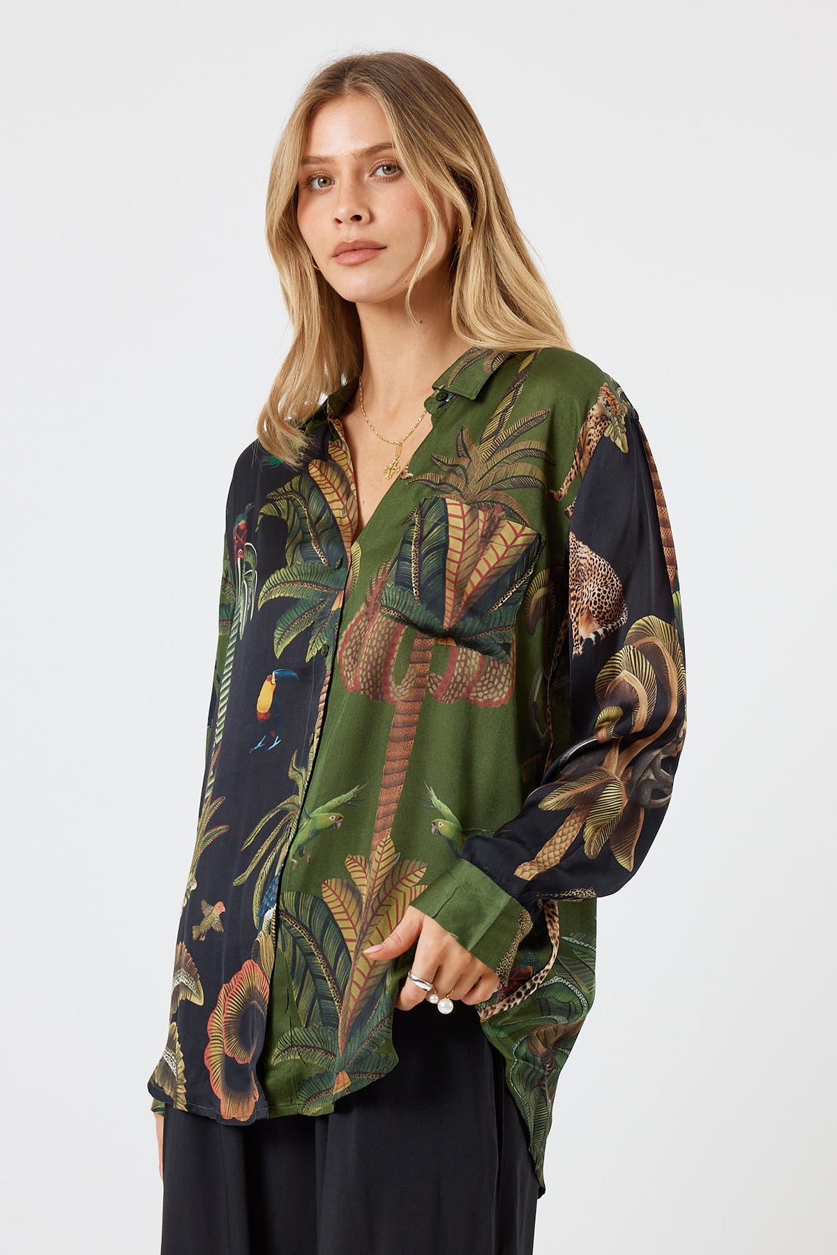 LulaSoul cheetah Vintage & retro all over jungle print statement bold Animal print with palms soft satin button up Shirt  women’s fashion collared matching set coordinates two piece