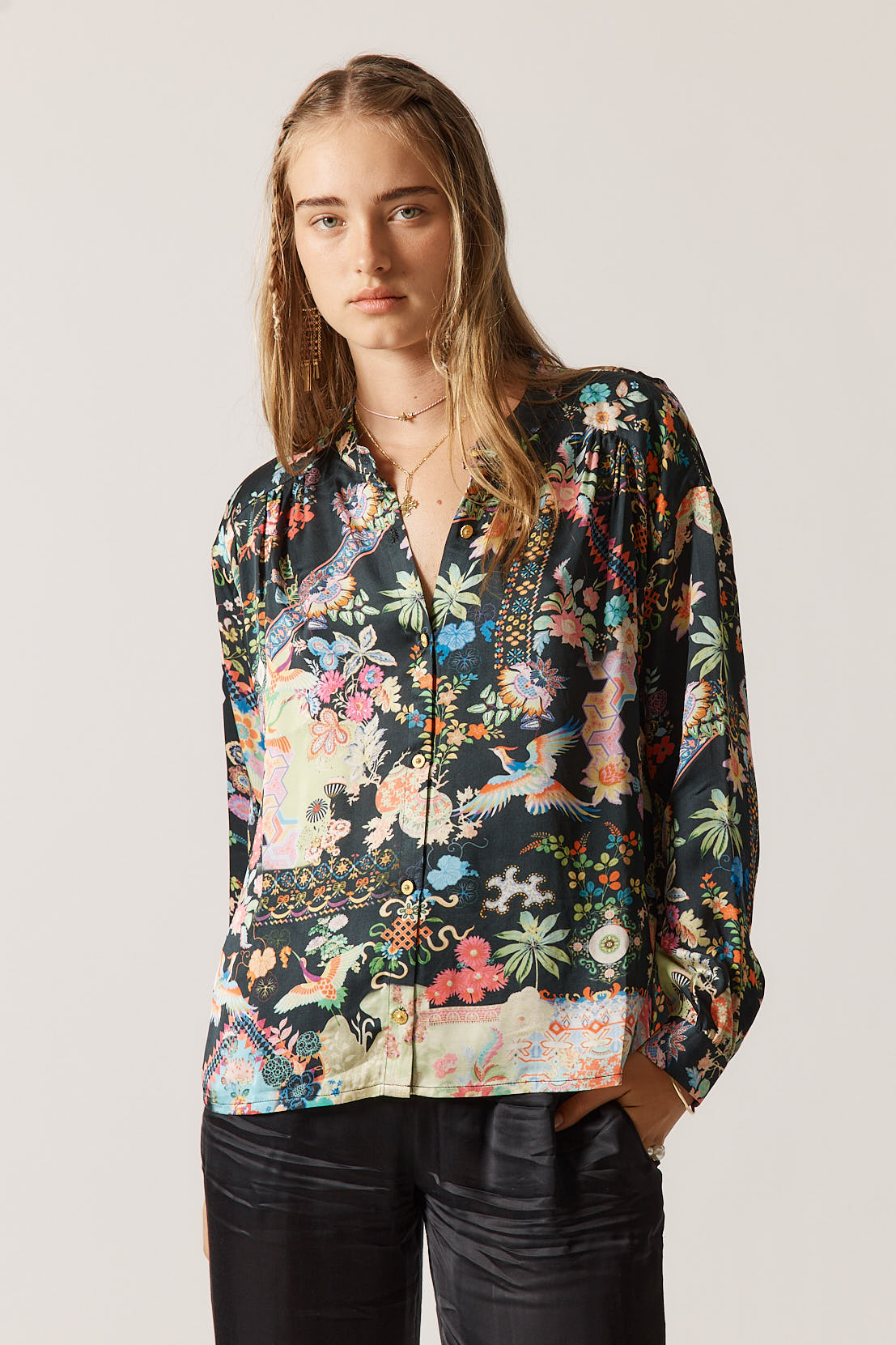 RubyYaya Lala Shirt Vintage & retro all over print statement  bold bird print soft button up Shirt  women’s fashion collared blouses Black with bright colours Long sleeve