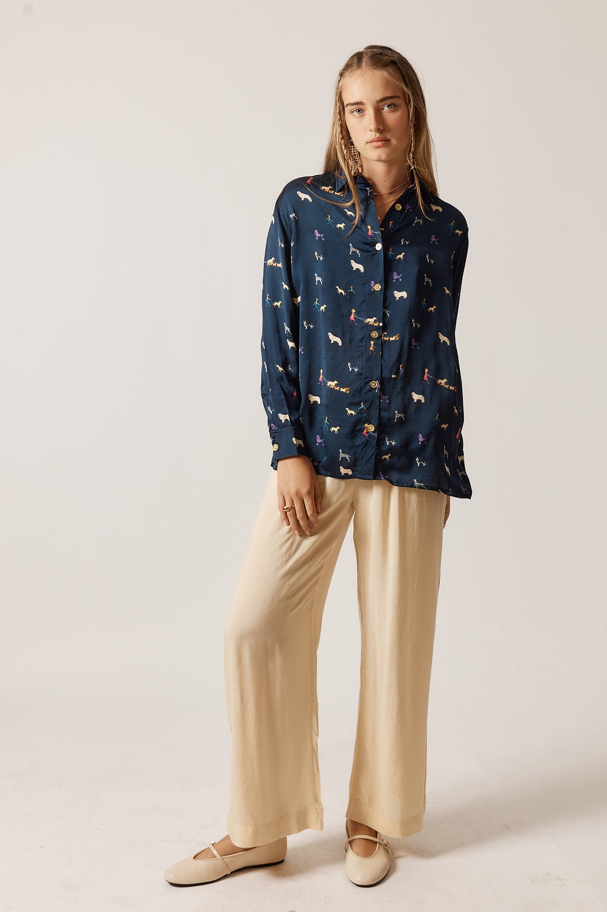 RubyYaya puppy love  Vintage & retro all over exclusive print statement  bold Animal print with dogs soft button up Shirt  women’s fashion collared blouse Navy work wear