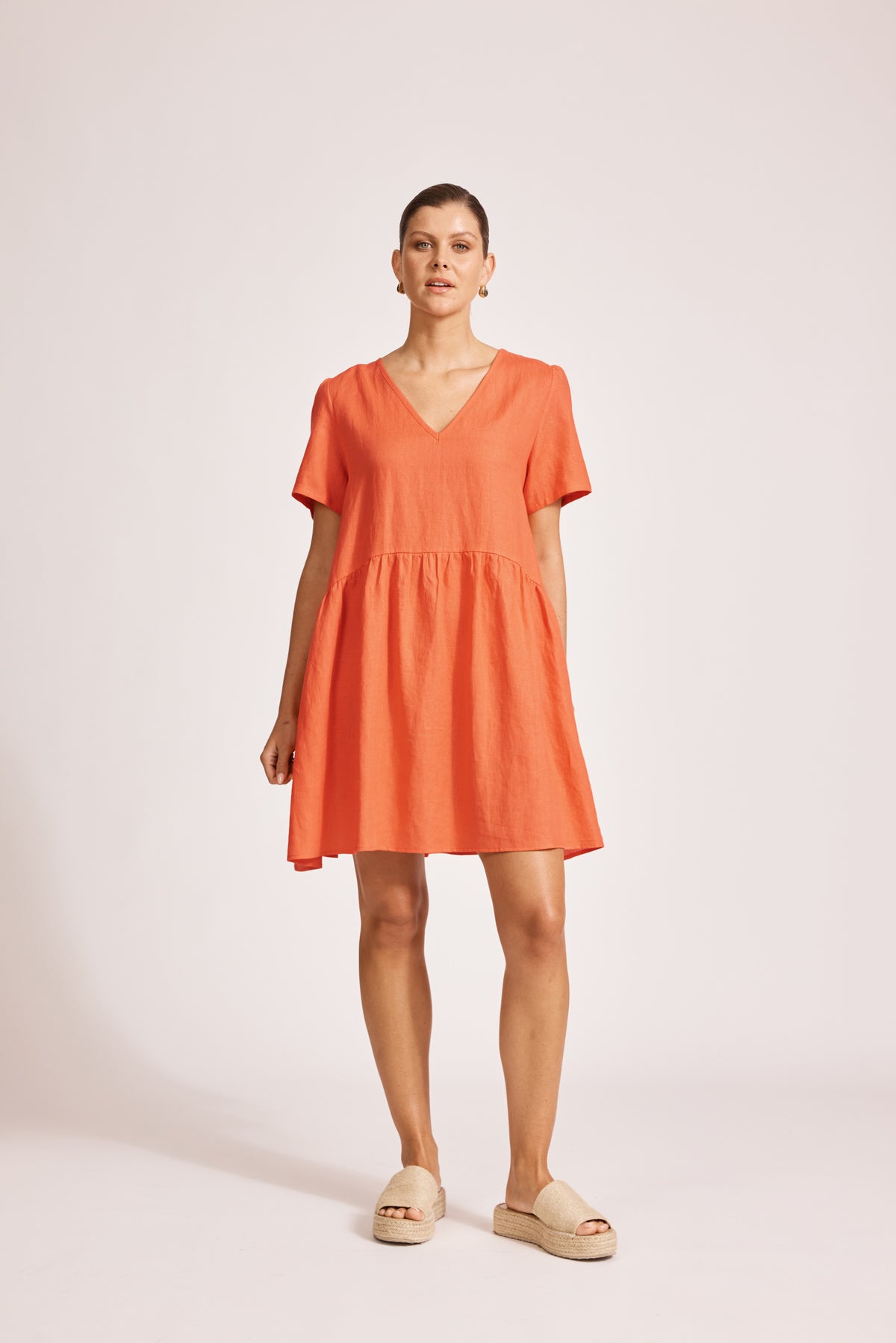 Eb&amp;Ive Miramar Linen midi short summer shift Aline v-neck dress short sleeve coral