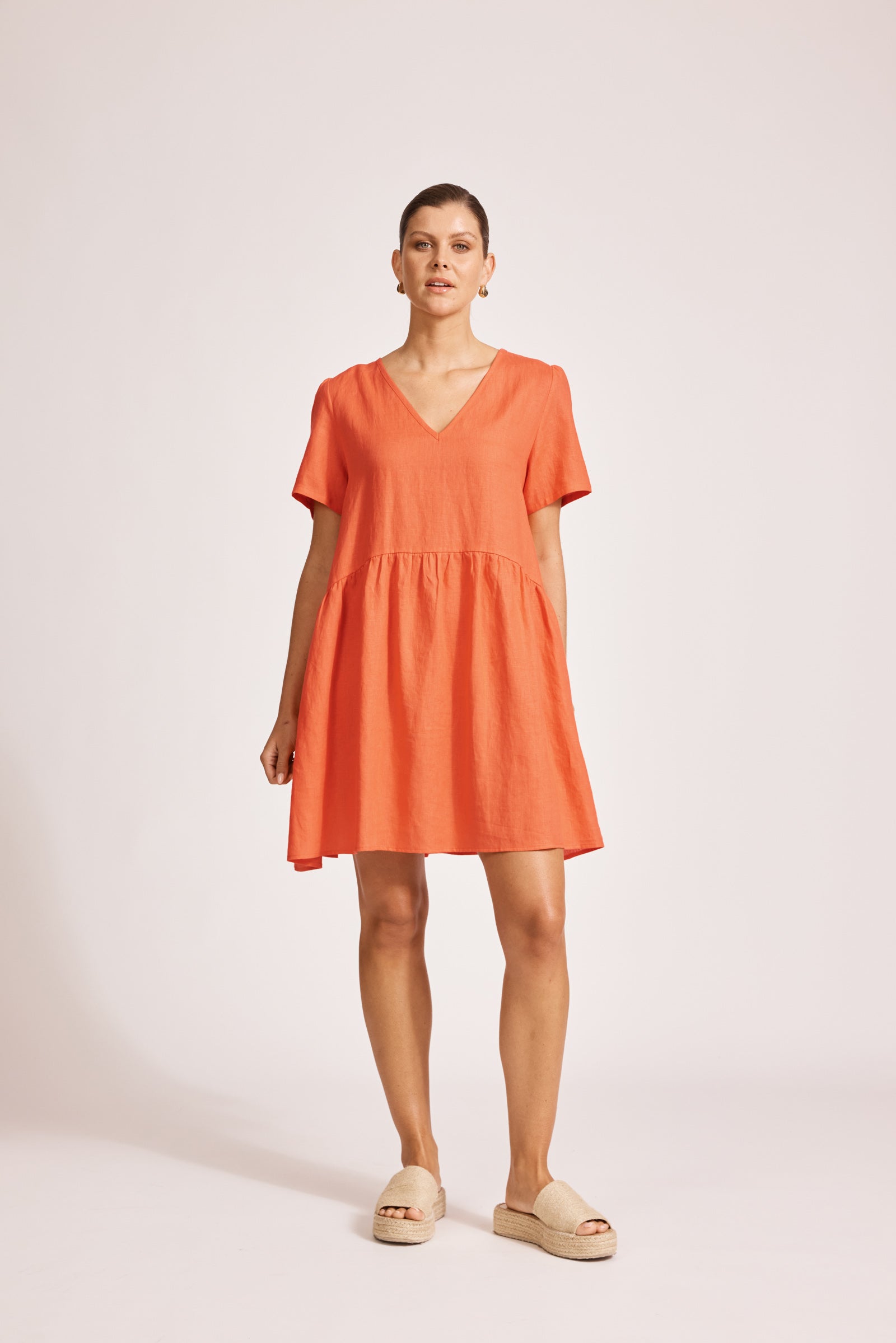 Eb&Ive Miramar Linen midi short summer shift Aline v-neck dress short sleeve coral