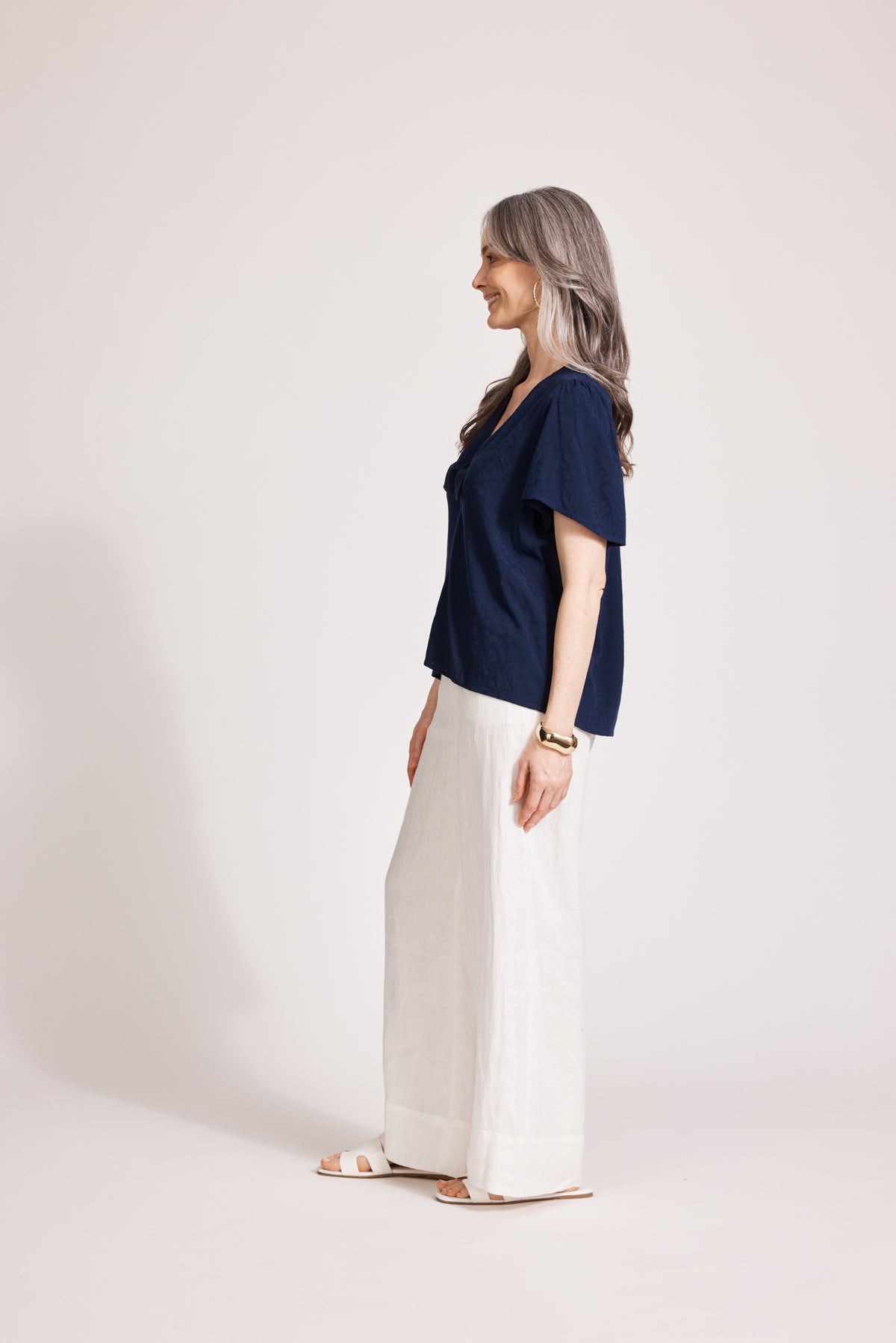 Eb&amp;Ive Parisio tie top Short 3/4 sleeve with V neck and tie front  summer work blouse navy floral jacquard