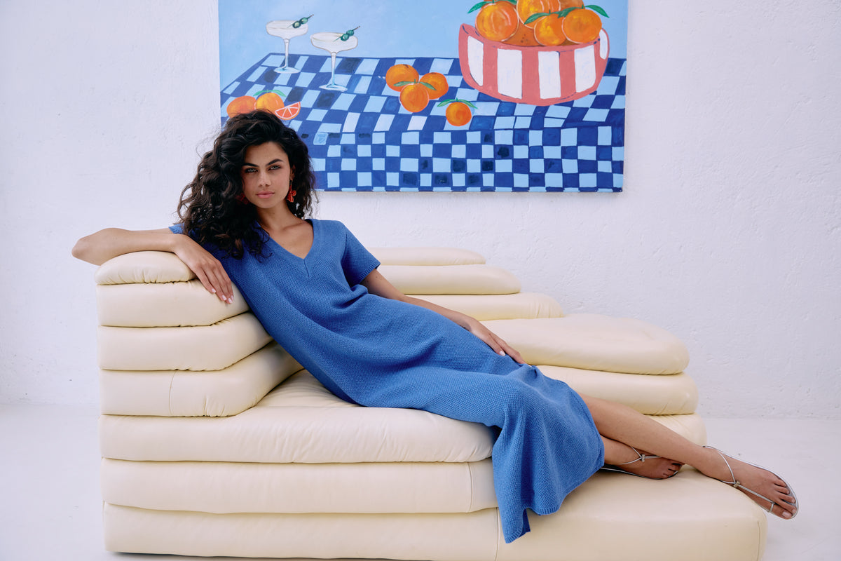 Eb&amp;Ive Artemis Short sleeve maxi T-Shirt dress Vneck  Blue cotton textured summer knit tank dress swim cover 