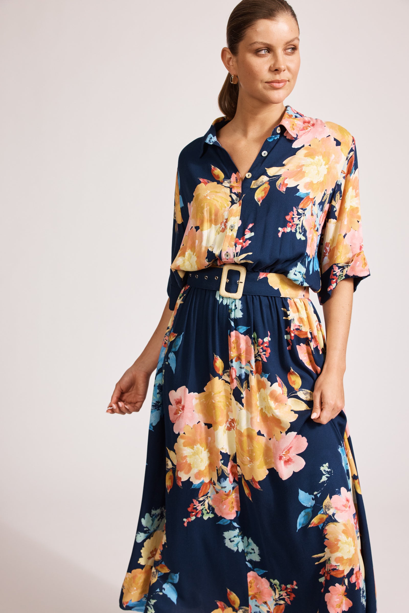 Eb&Ive Parisio Belt Shirt Dress  Short 3/4 sleeve maxi with collar and button front elastic and Belt waist summer work dress swim cover navy spring floral print 