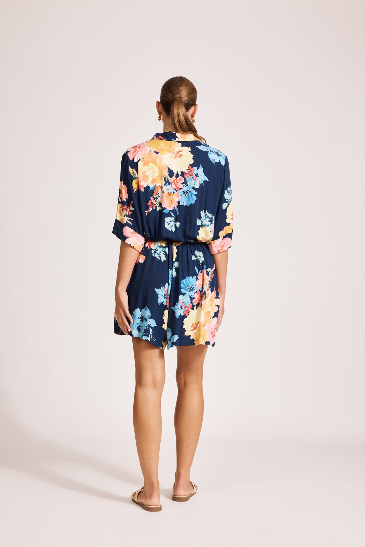 Eb&amp;Ive Parisio Belt Shirt jumpsuit Short 3/4 sleeve with collar and button front elastic and Belt waist summer work romper swim cover navy spring floral print playsuit 
