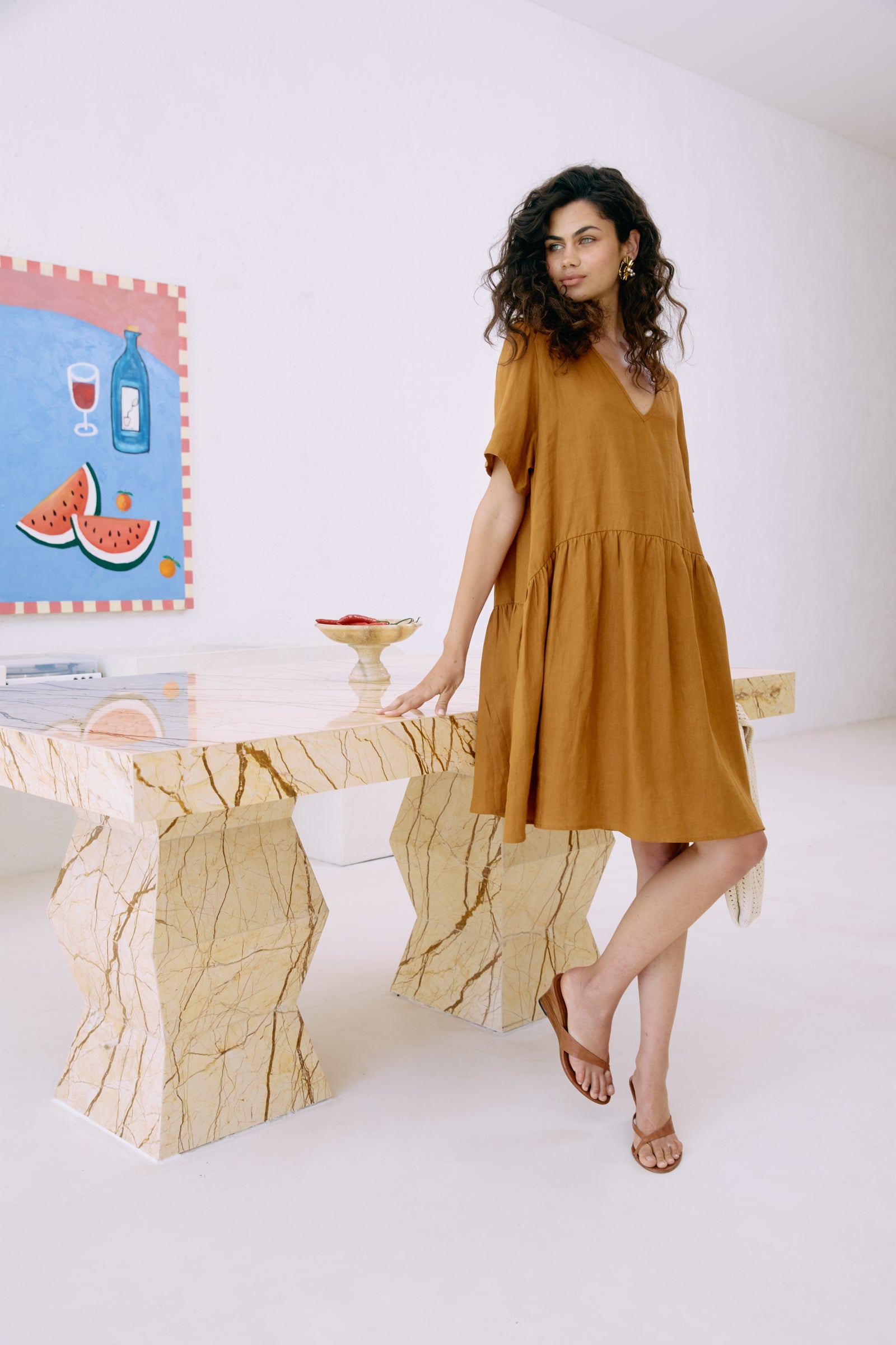 Miramar Midi Dress - Caramel Linen