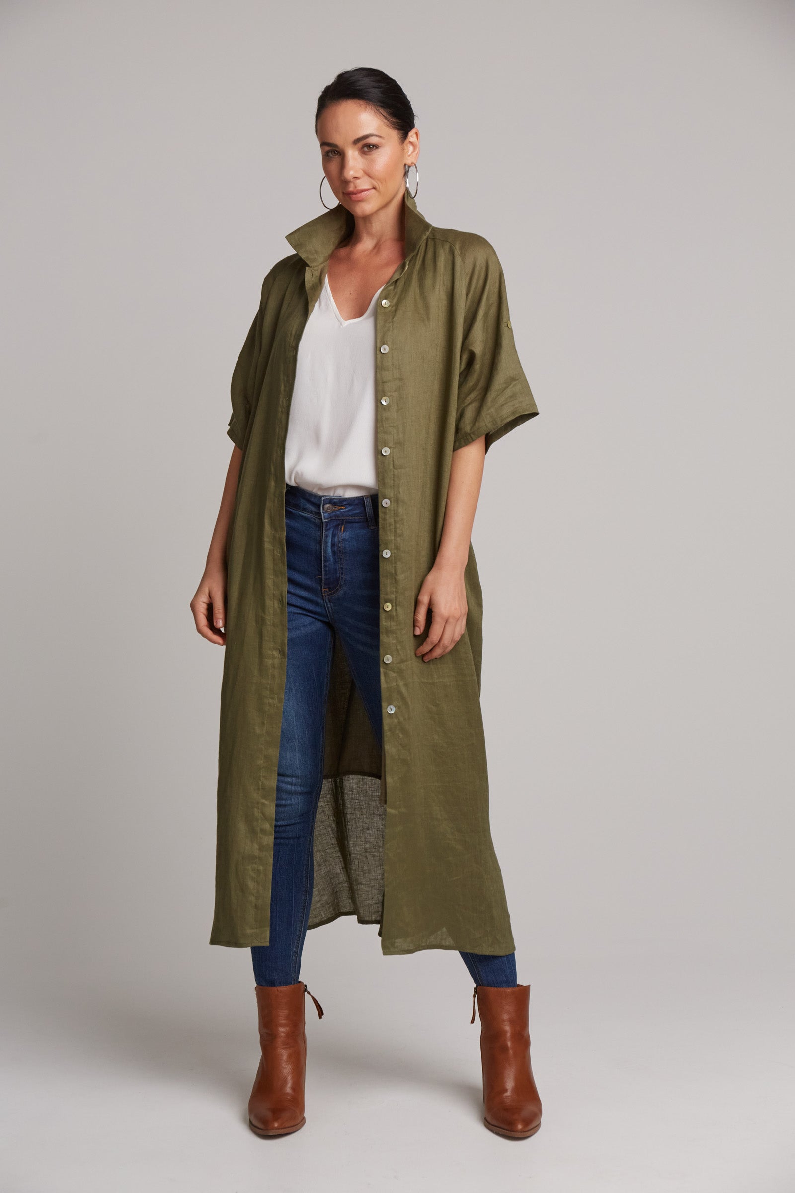 Eb&Ive Studio Linen Maxi Long Shirt Dress with pockets Black Khaki