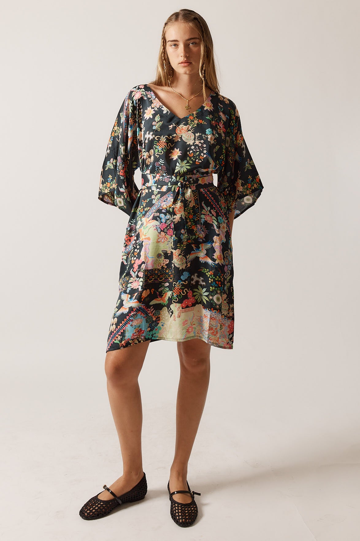 RubyYaya Lala kaftan Vintage & retro all over bird print statement bold Animal print with exclusive soft satin mini dress fashion kimono sleeve evening event dress 