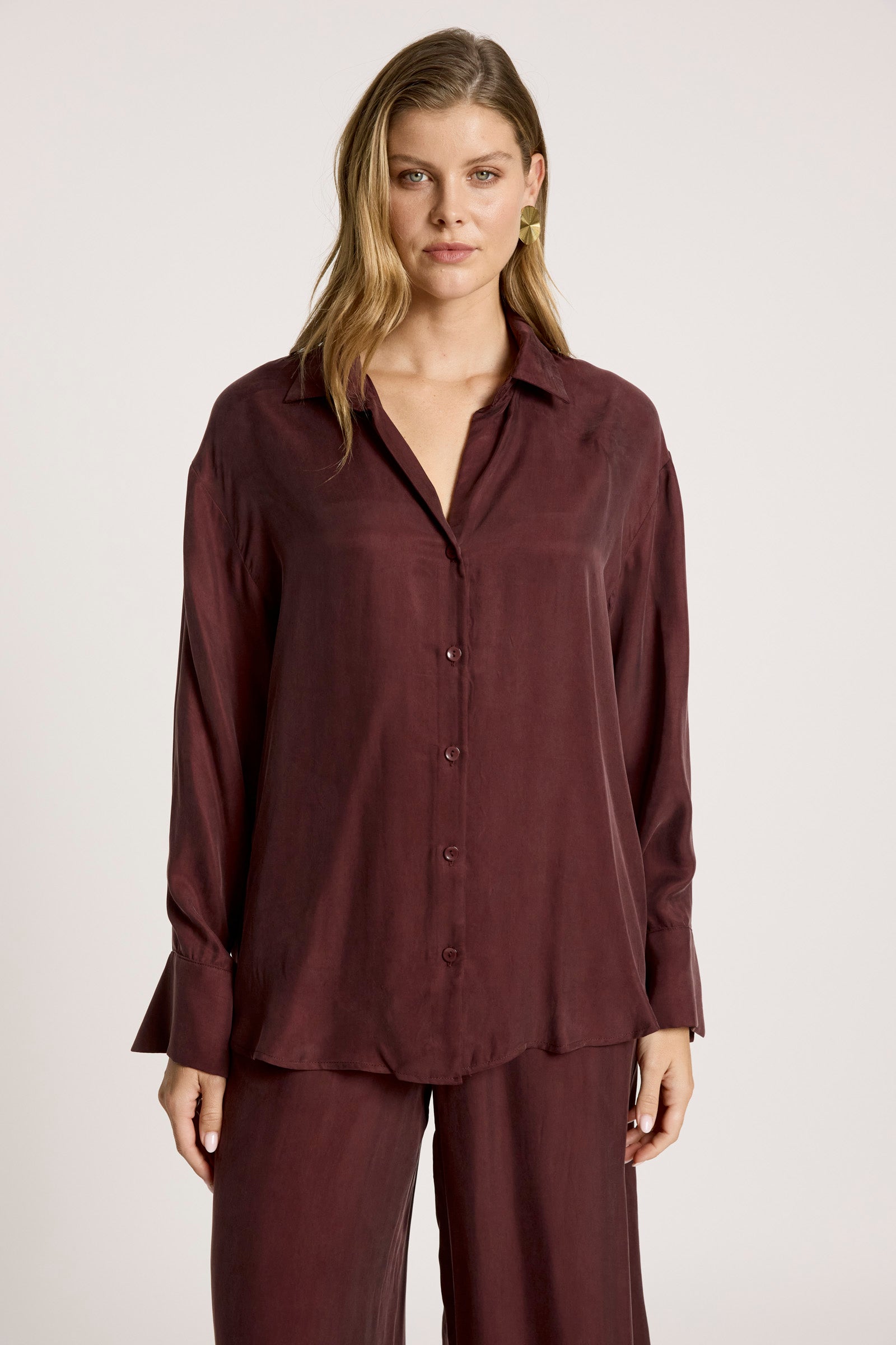 Eb&Ive Calista Cupro Shirt  Mahogany Button up collar oversized relaxed shirt  long sleeve burgundy workwear evening set