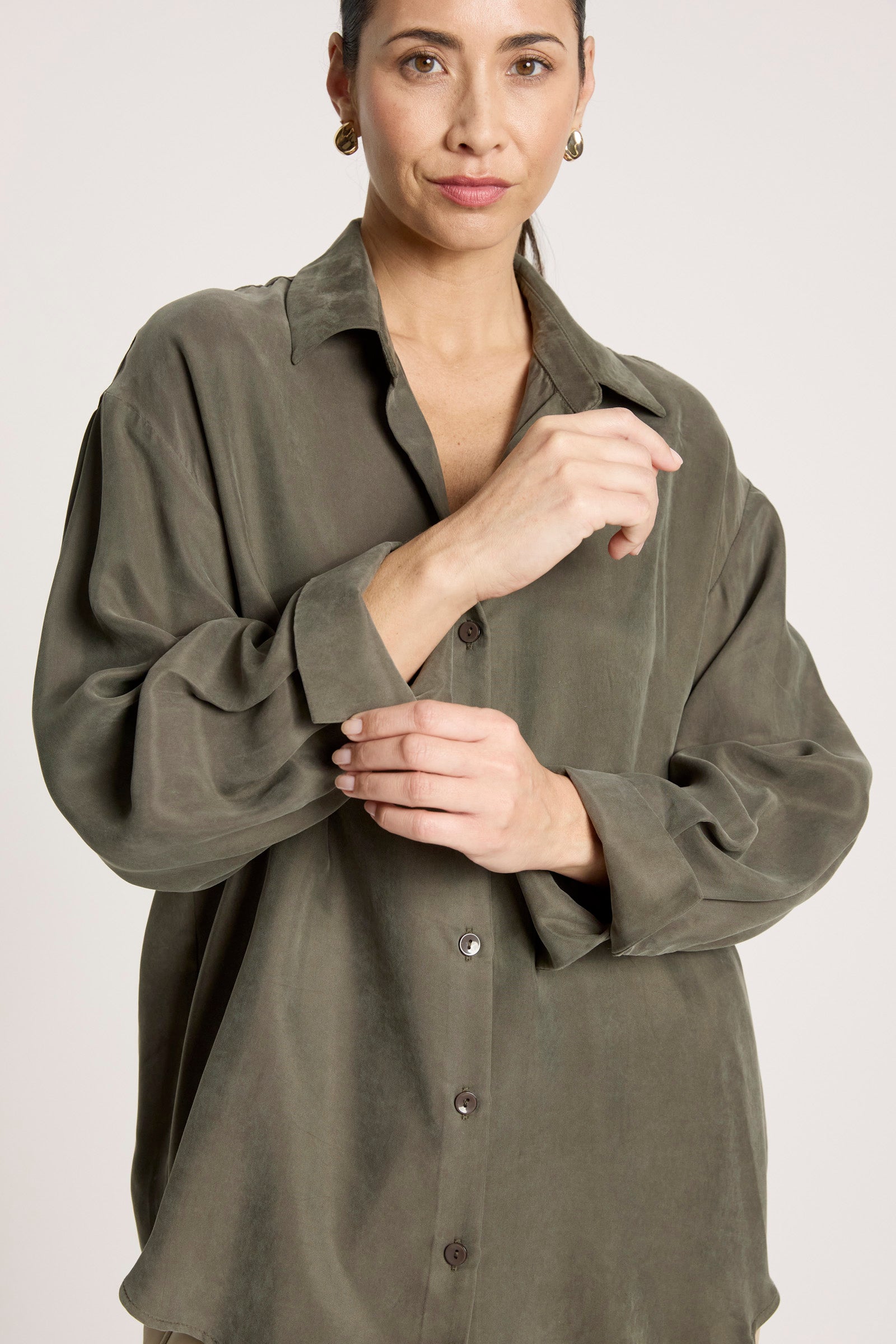 Eb&Ive Calista Cupro Shirt  Pampas fern green Button up collar oversized relaxed shirt  long sleeve burgundy workwear evening set