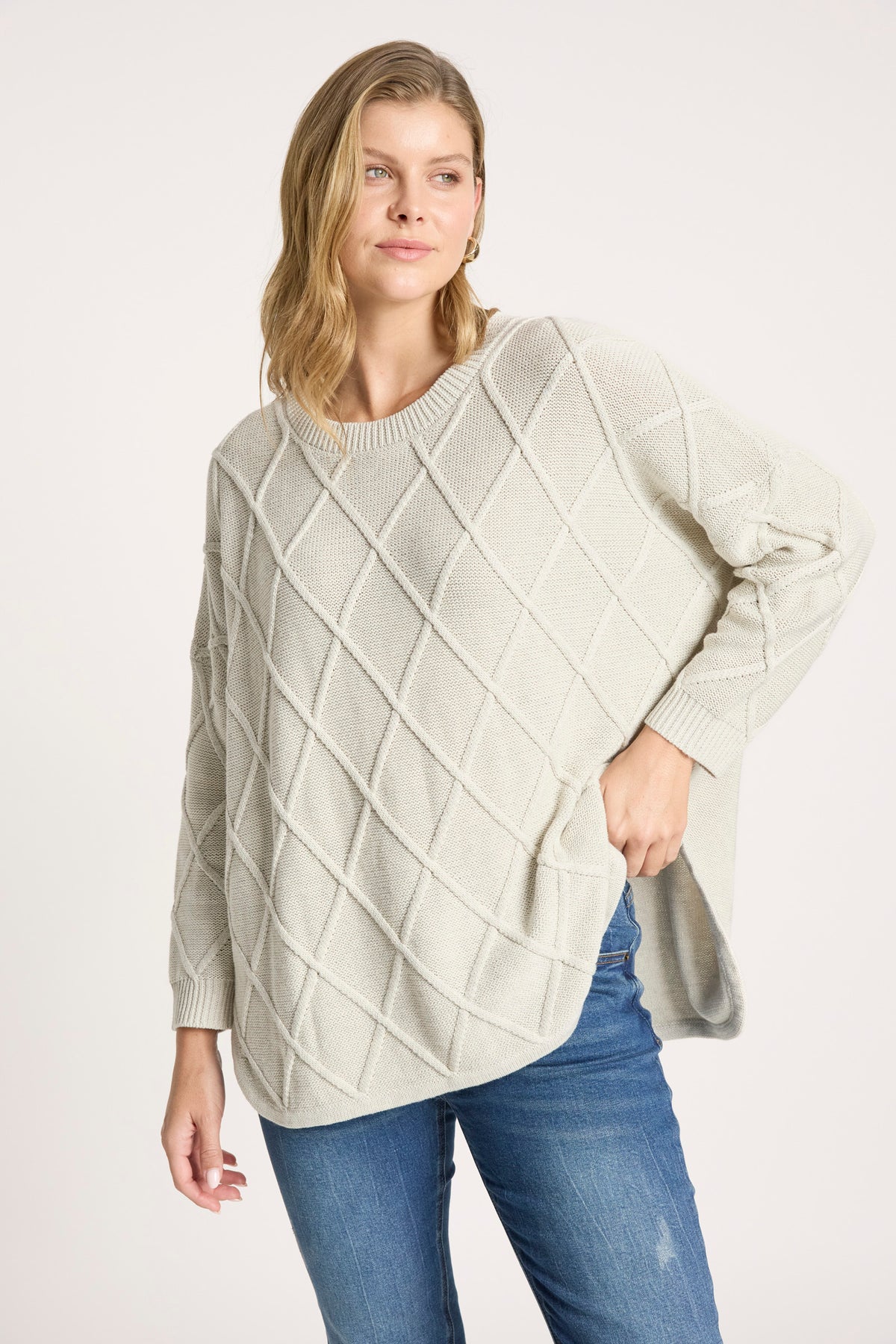 Eb&Ive Liora Relaxed Cotton Jumper Grey bisque ivory winter white  relaxed weekend  knit cable travel sweater 